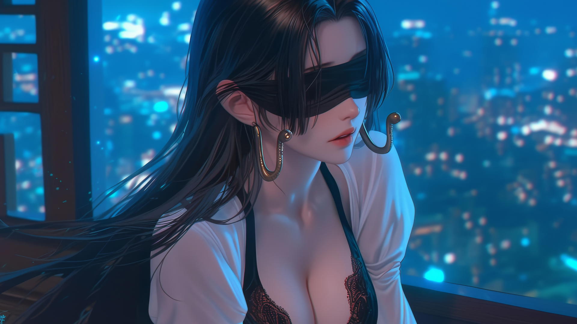 Kneeling Boa Hancock with black blindfold in neon-lit hotel room