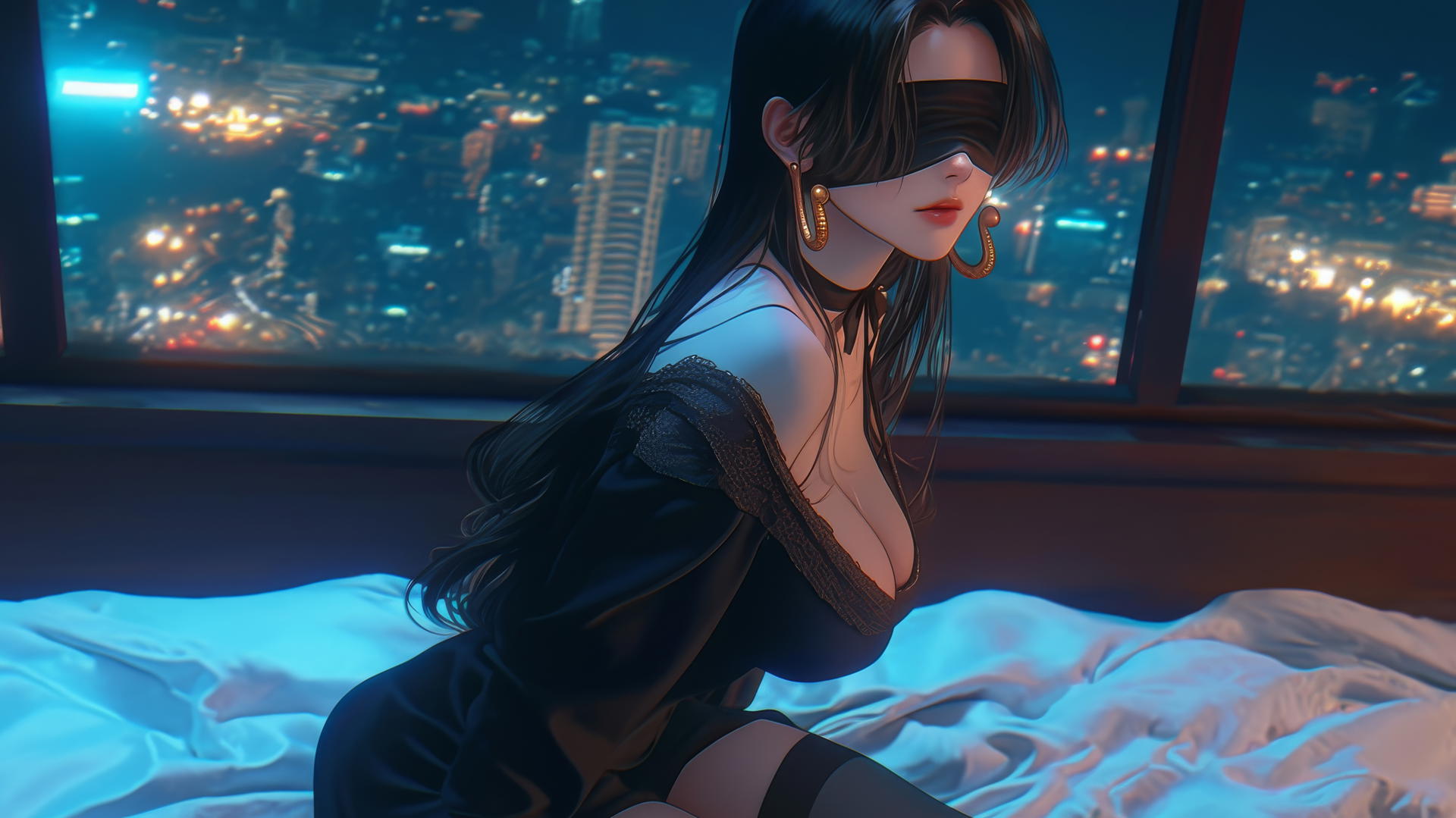 Boa Hancock kneeling with a blindfold in a neon-lit hotel room