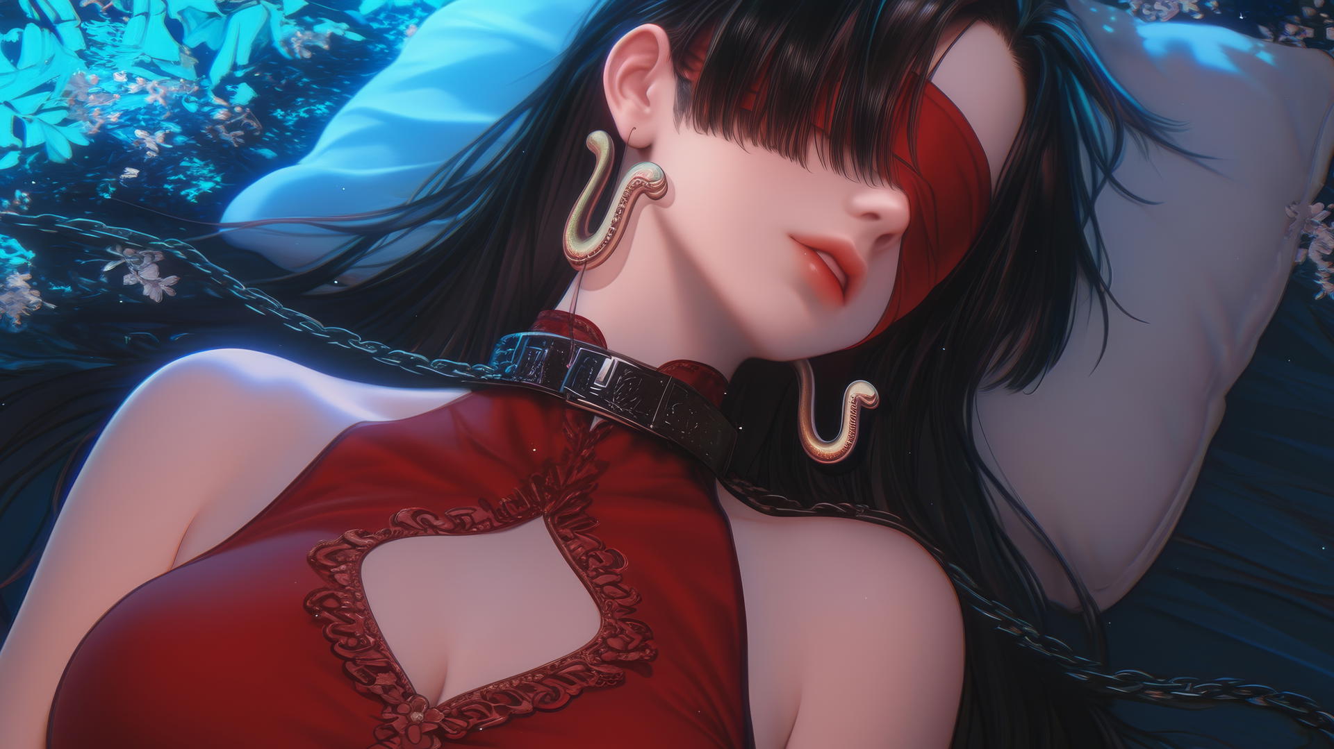 Boa Hancock kneeling in a modern hotel room with neon lighting, wearing a red blindfold.