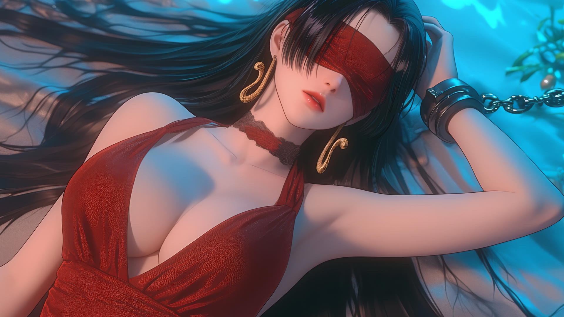 woman in red blindfold kneeling in modern hotel neon light