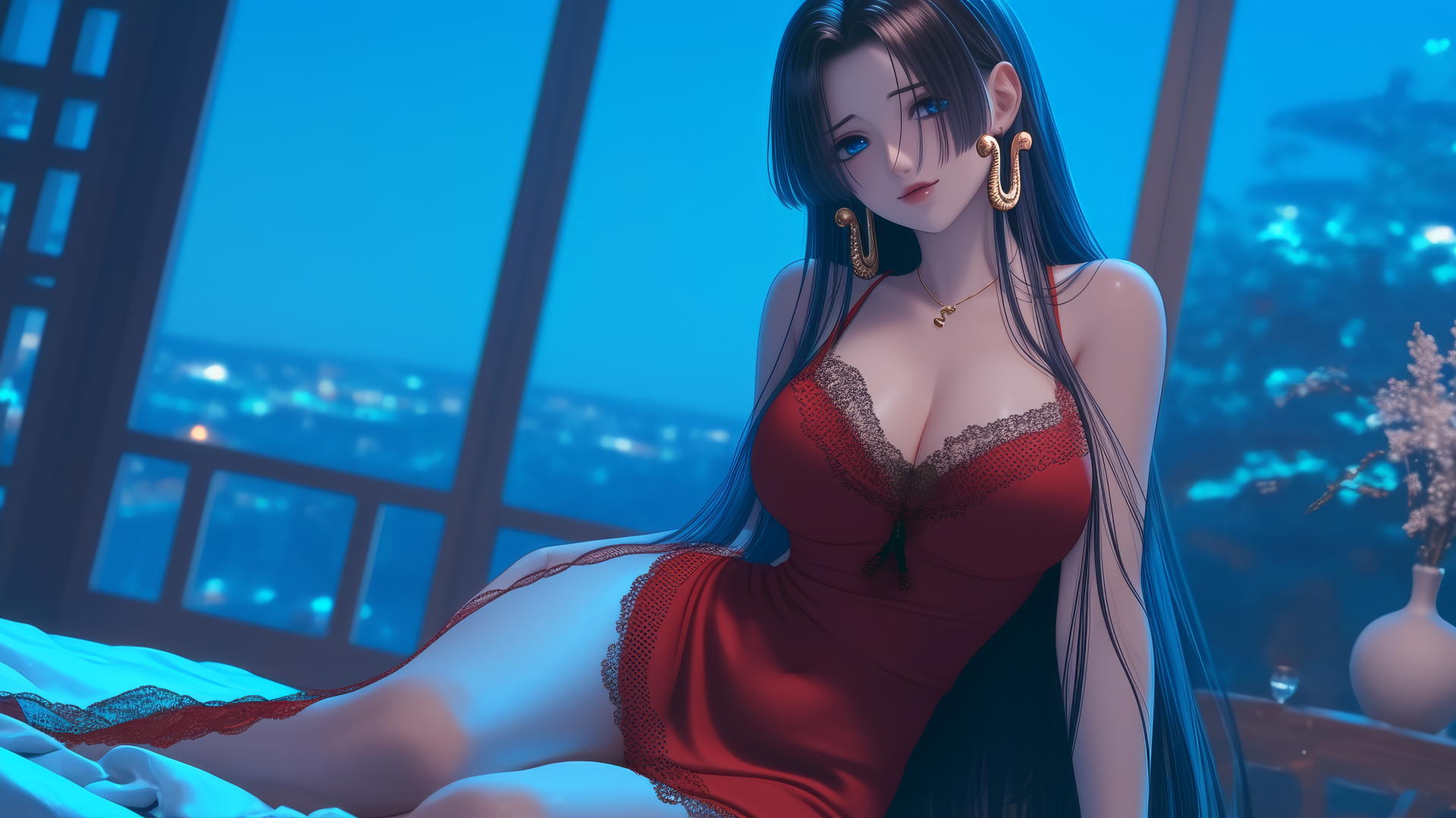 Boa Hancock from One Piece, in a red outfit, kneeling, looking down, neon hotel glow