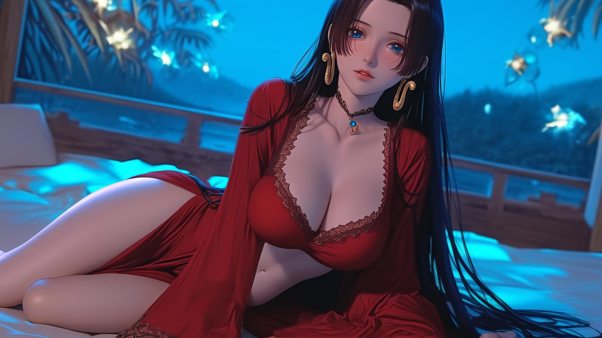 Boa Hancock from One Piece kneeling and leaning forward under neon ceiling lights