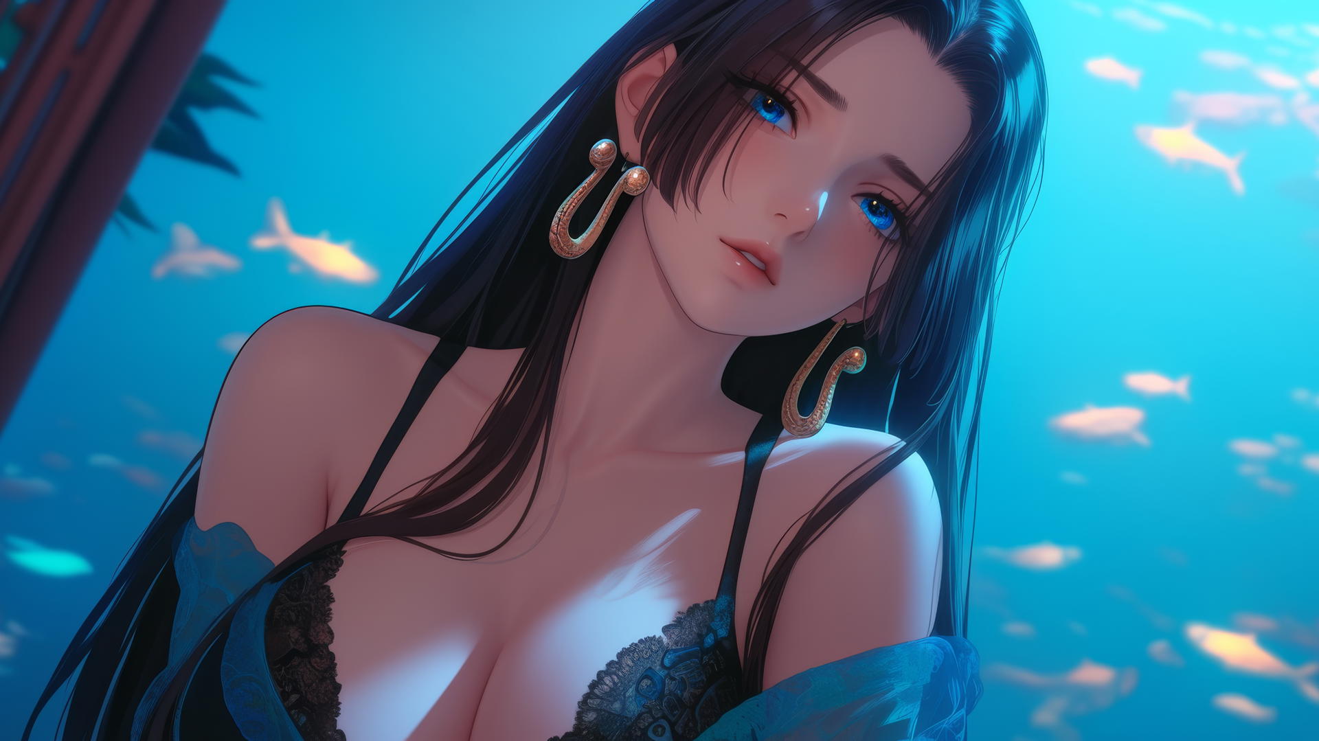 Boa Hancock from One Piece kneeling with neon lights from ceiling casting a soft glow.