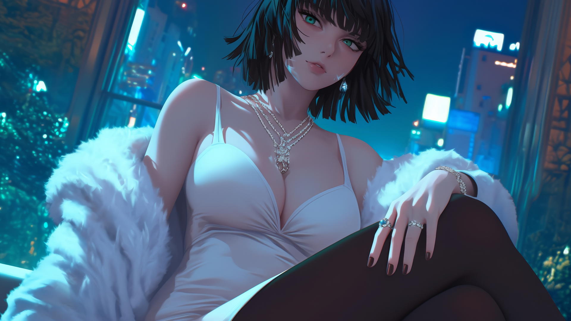Fubuki from One Punch Man kneeling, looking down with neon-lit hotel ceiling behind.