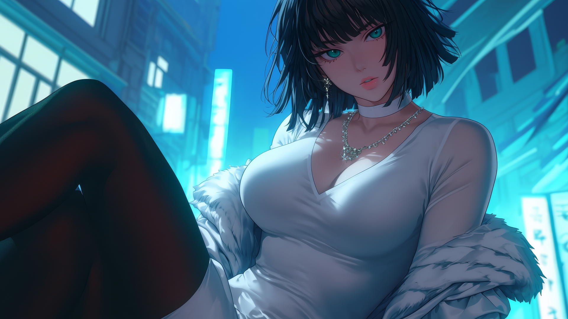 Fubuki from One Punch Man, seen kneeling from below with neon-lit hotel ceiling.