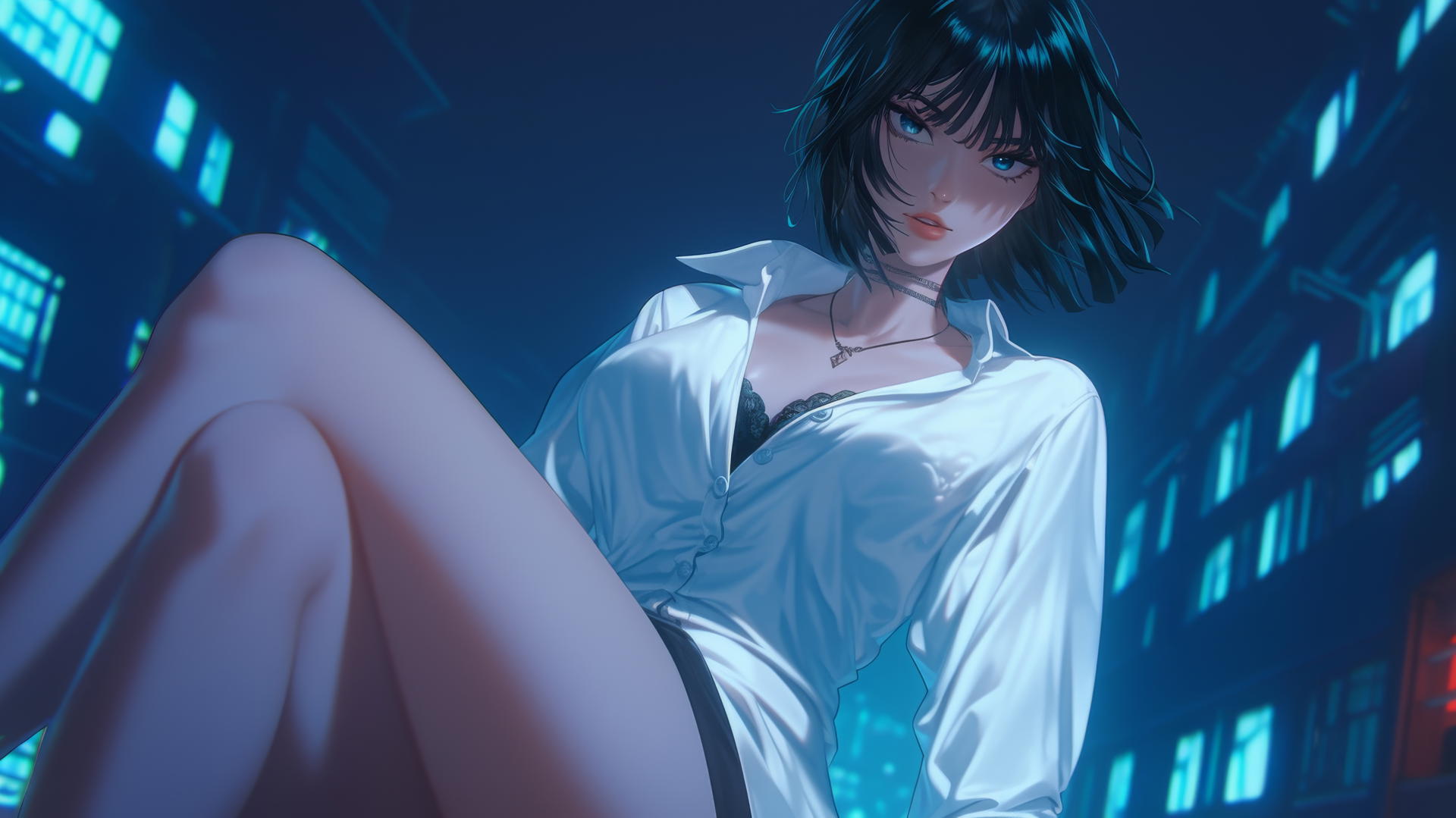 Fubuki from One Punch Man leaning forward in a white office shirt with a hotel ceiling background.