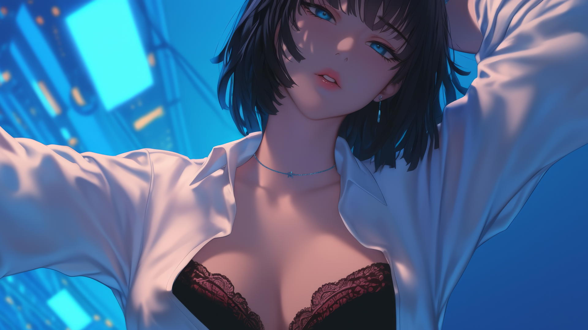 Fubuki from One Punch Man, viewed from below, in a white office shirt against a hotel ceiling background with neon lights.