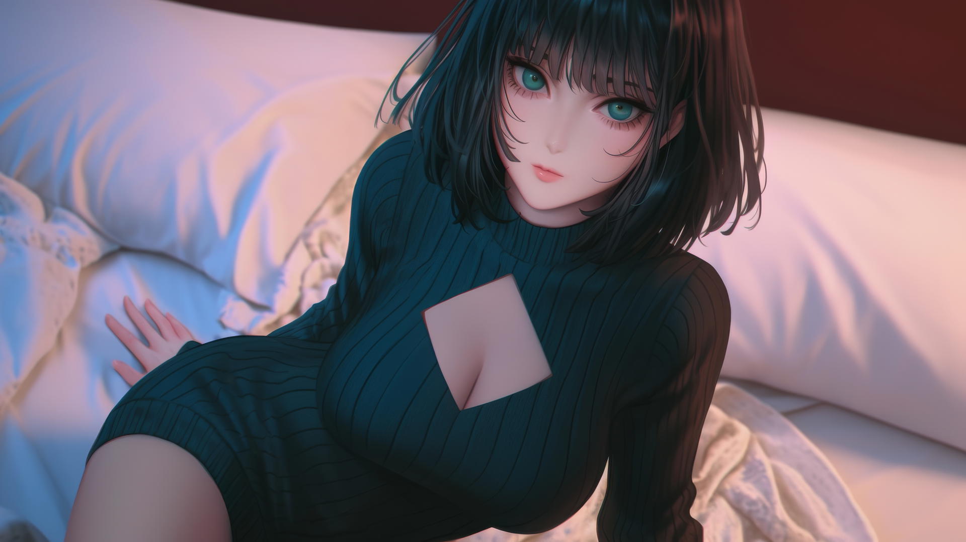 Fubuki from One Punch Man kneeling in neon-lit hotel room, dark green bob haircut.