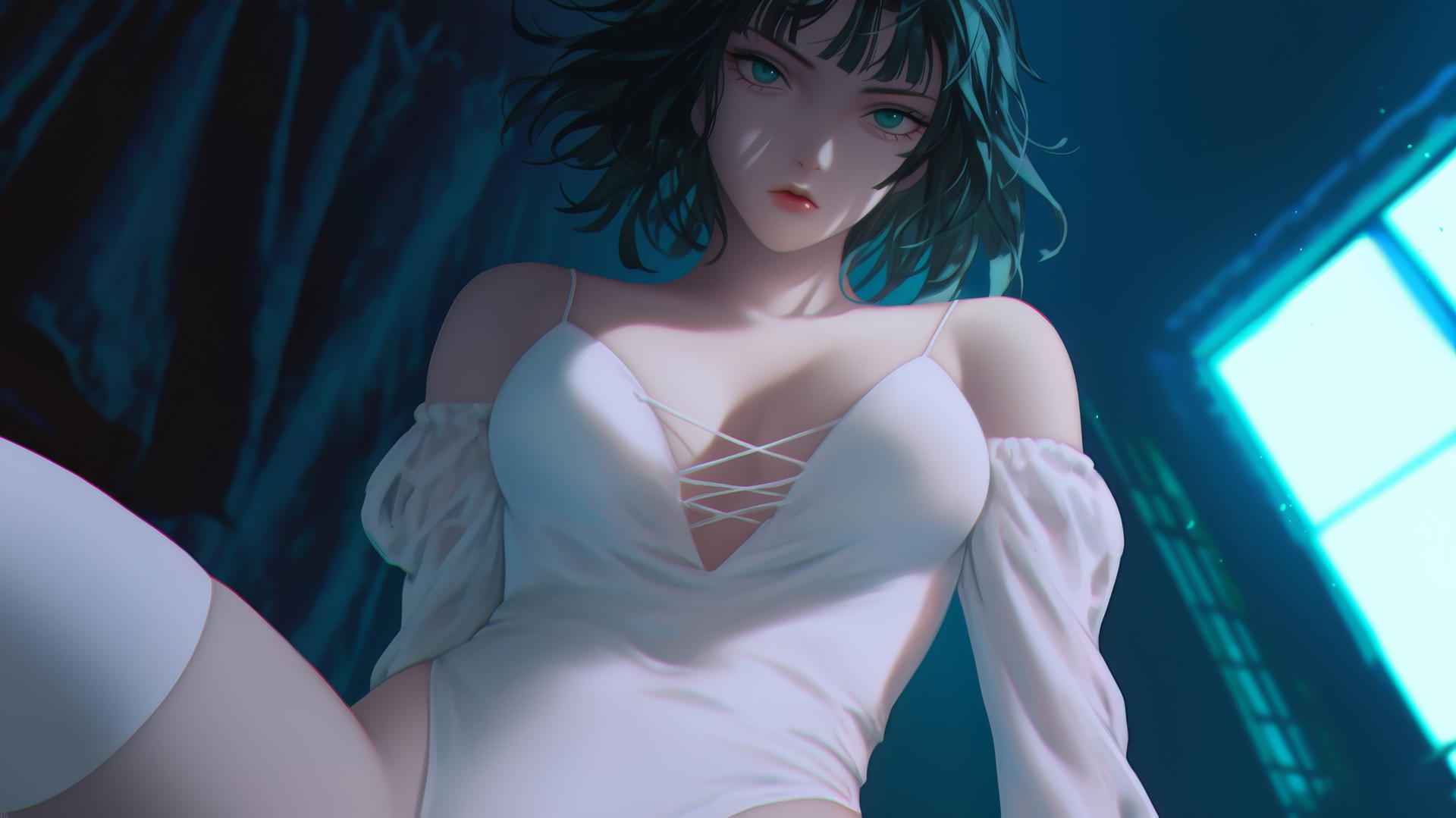 Fubuki from One Punch Man, neon-lit hotel ceiling background, leaning and kneeling, looking down.