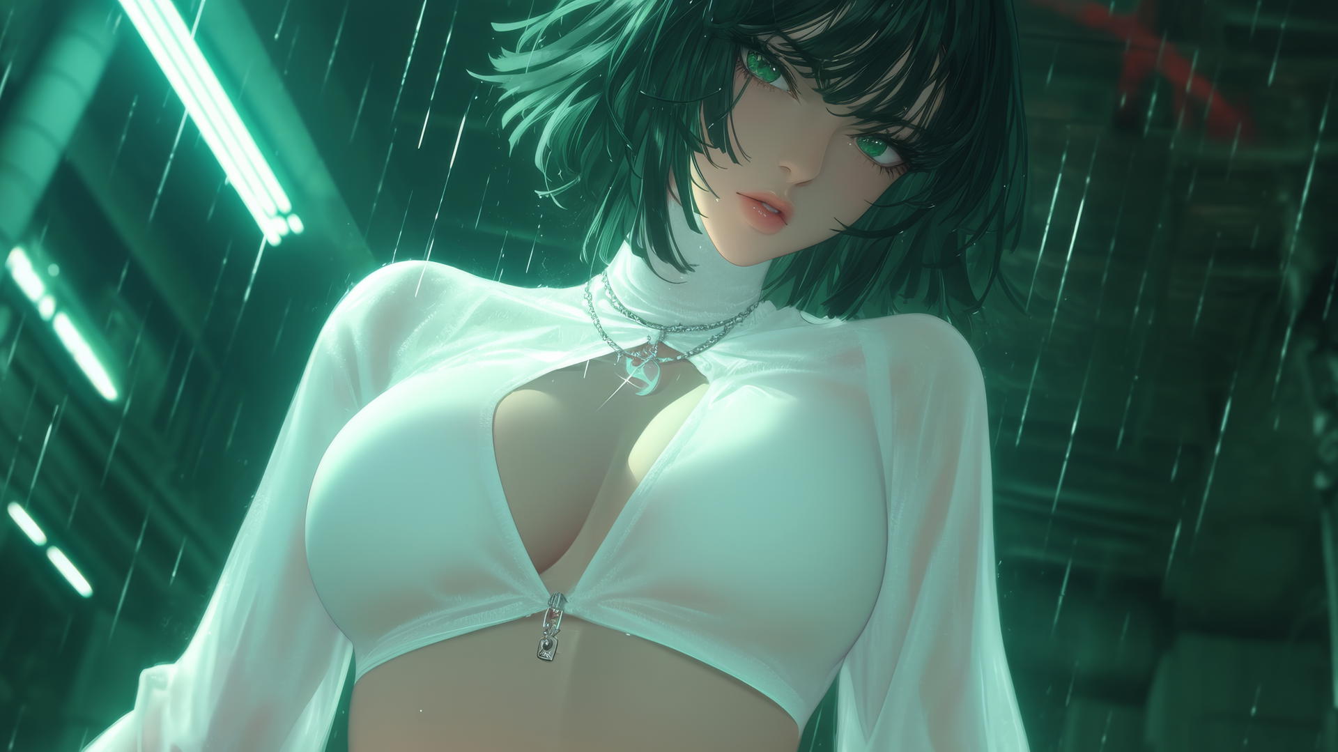 Fubuki from One Punch Man kneeling, looking down with neon-lit hotel ceiling in background.