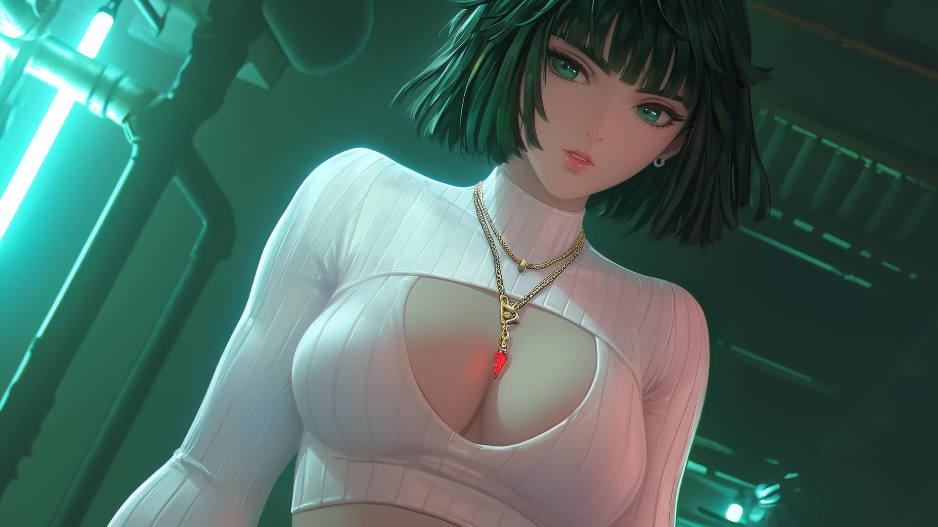 Fubuki from One Punch Man kneeling and looking down with neon-lit hotel ceiling behind her.