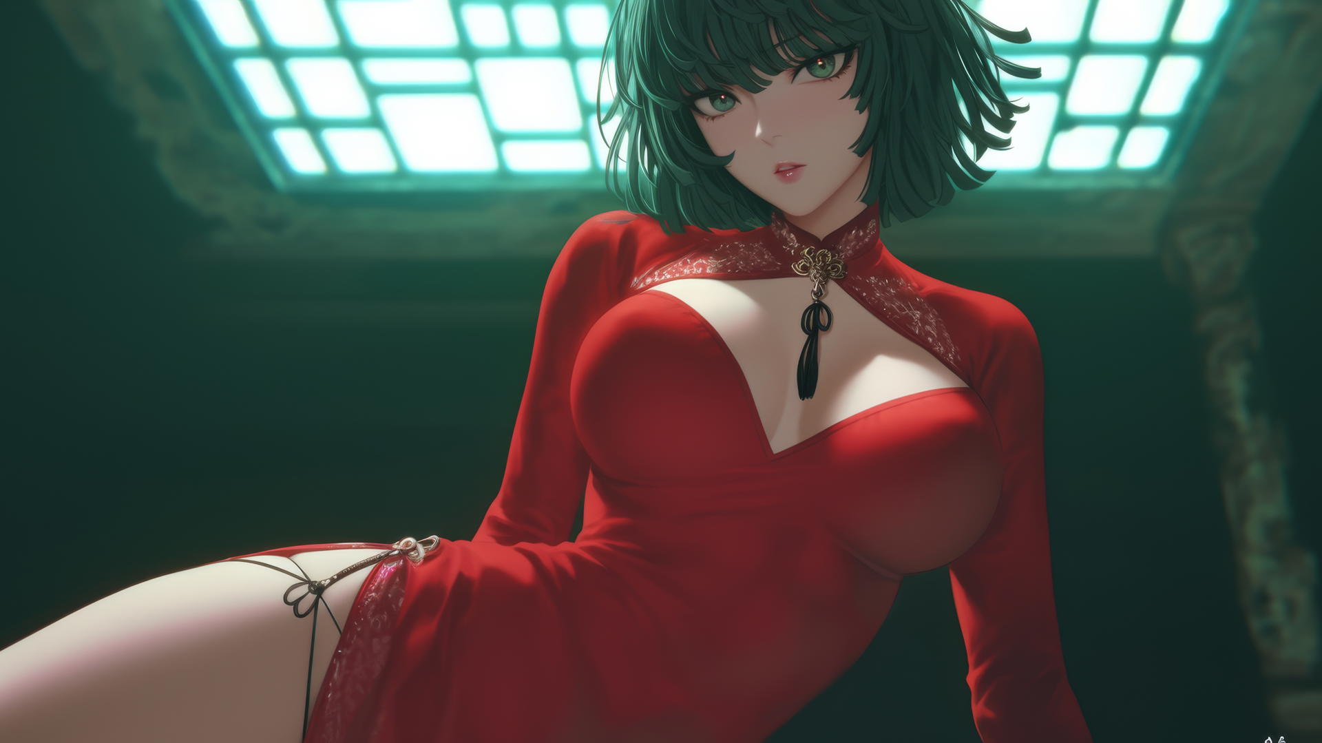 Fubuki from One Punch Man kneeling and leaning forward, with neon-lit hotel ceiling in background.