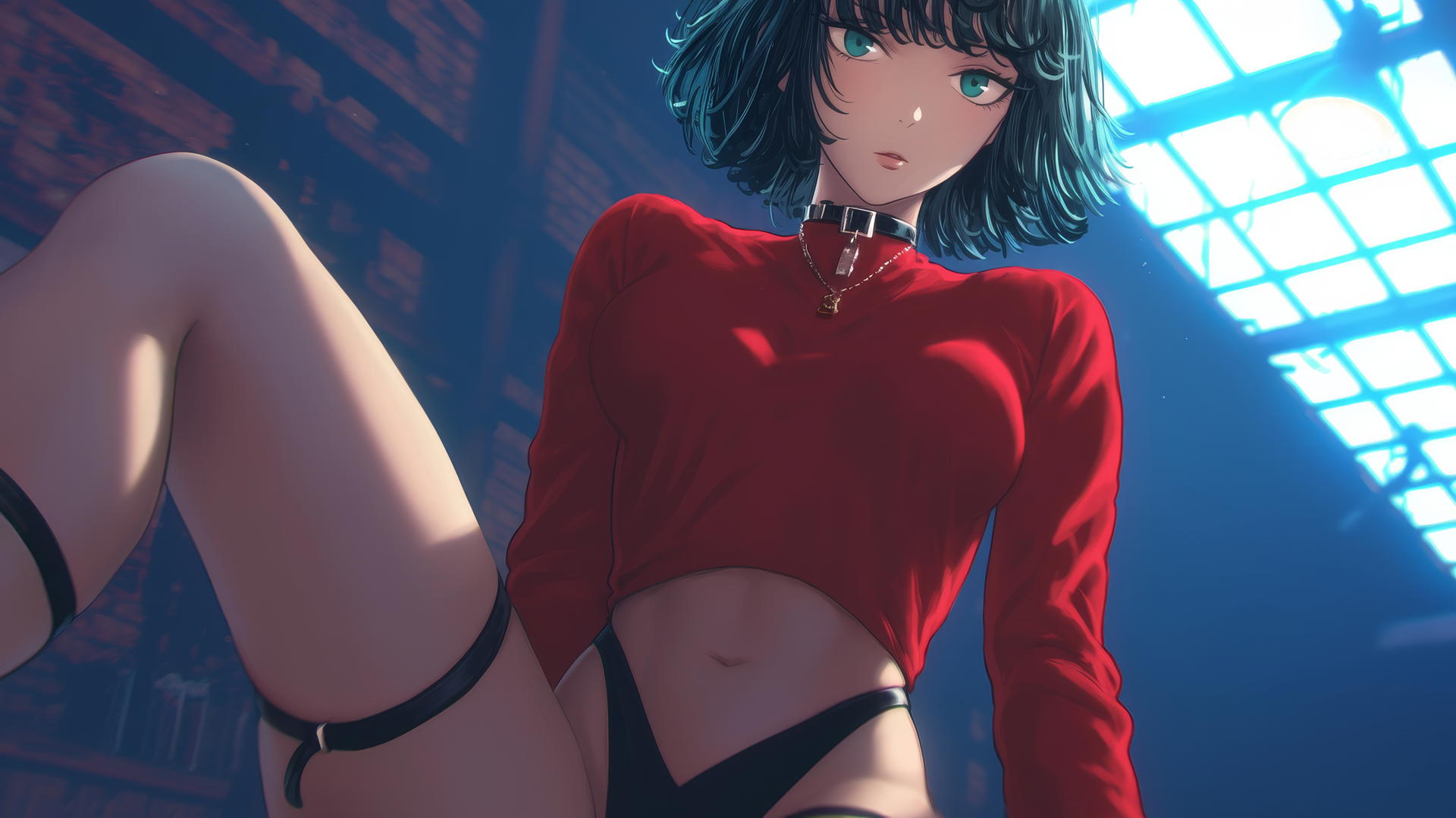 Fubuki from One Punch Man kneeling with red outfit under hotel ceiling with neon lights