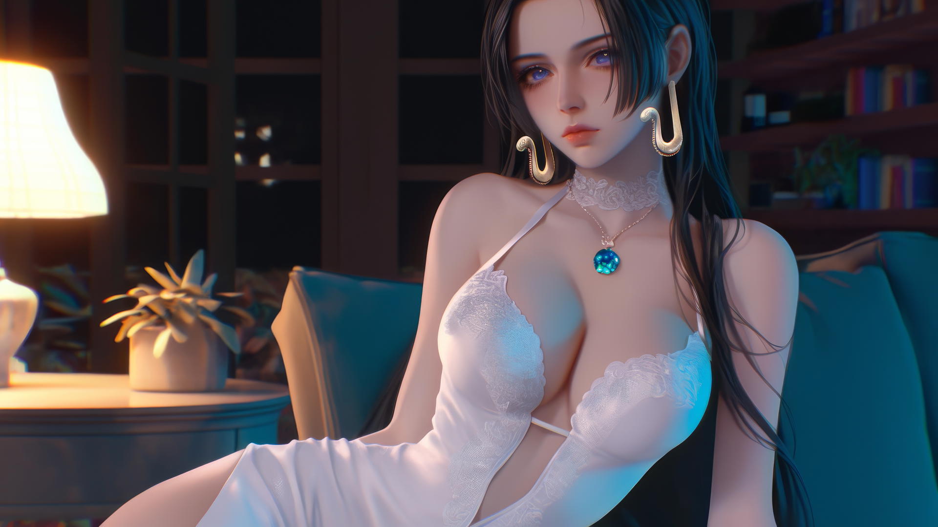Boa Hancock from One Piece resting in a modern hotel room with soft moonlight.