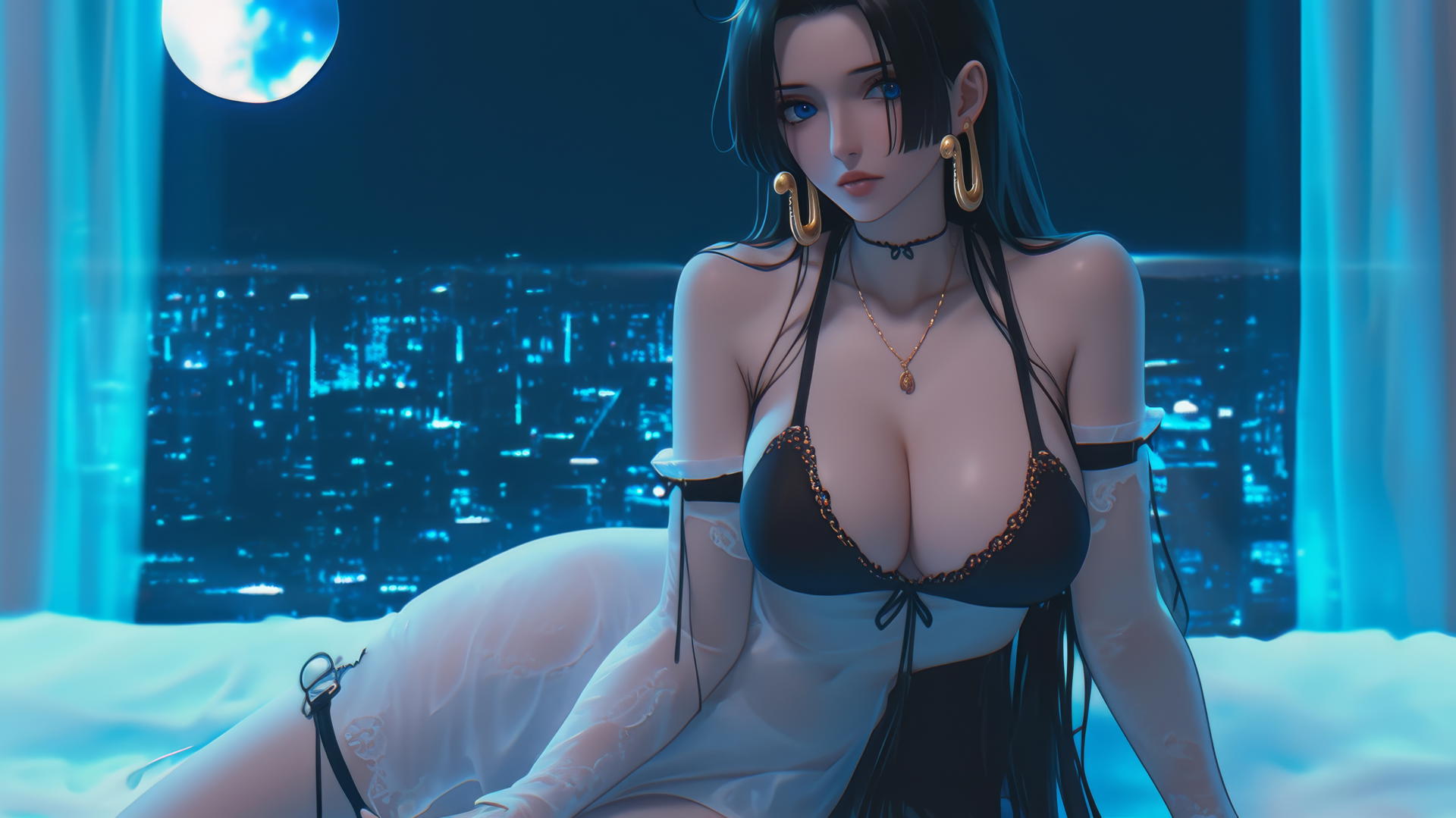 Boa Hancock from One Piece resting in a modern hotel room, moonlight glow