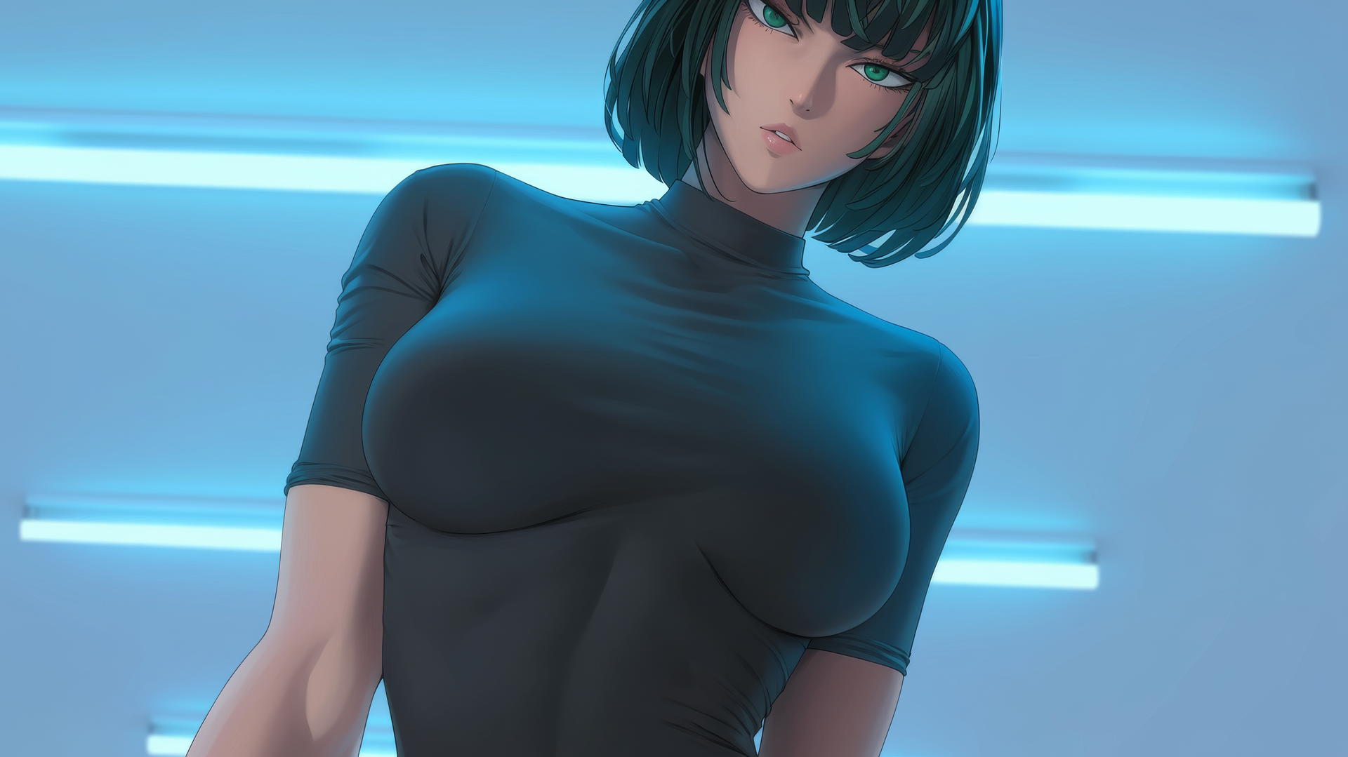 Fubuki from One Punch Man seen from below, wearing a t-shirt, with hotel ceiling background, dark green hair, light green eyes.