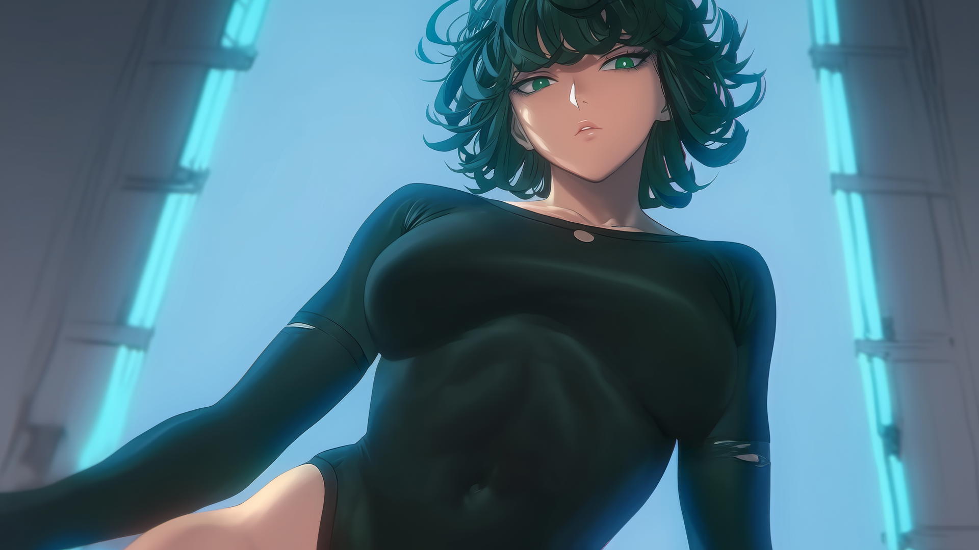 Fubuki from One Punch Man seen from below, wearing t-shirt, hotel ceiling background, dark green bob hair, light green eyes, neon light glow