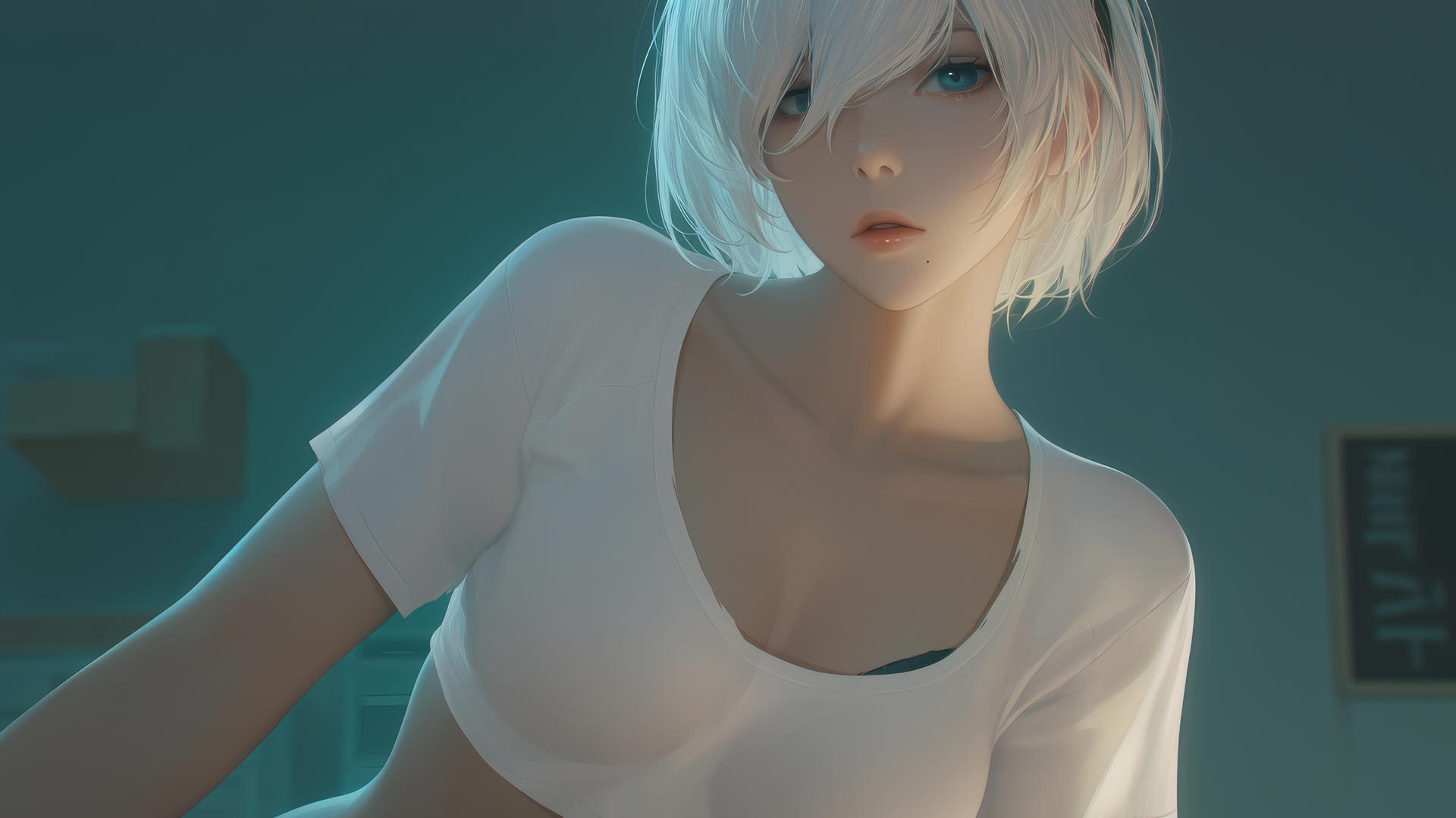 2B from Nier in a broken white T-shirt leaning forward, neon-lit hotel ceiling above