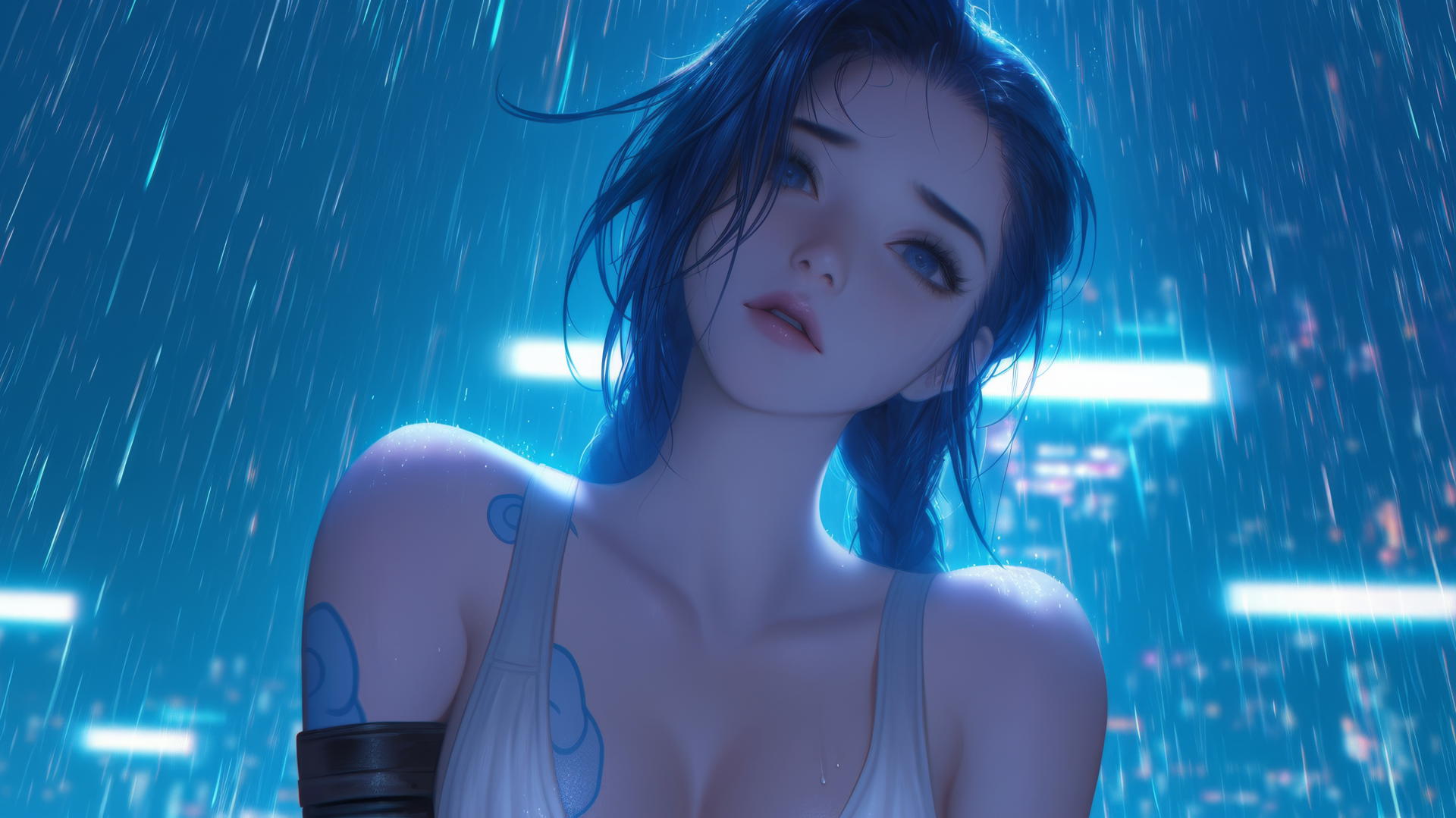 Jinx from League of Legends kneeling, seen from below with hotel ceiling and neon lights in the background.