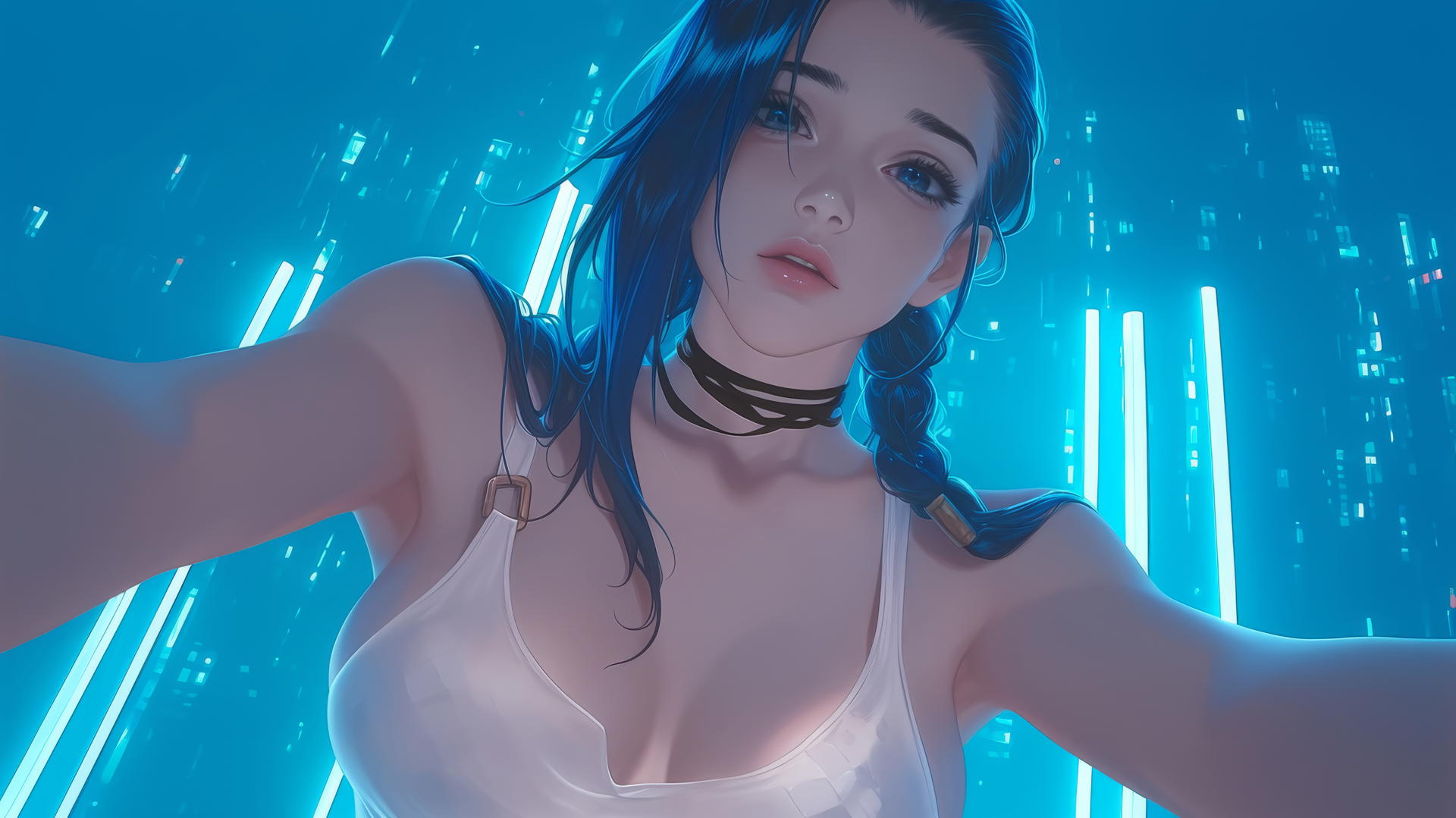 Jinx from League of Legends kneeling, wearing broken white t-shirt, neon light glow.