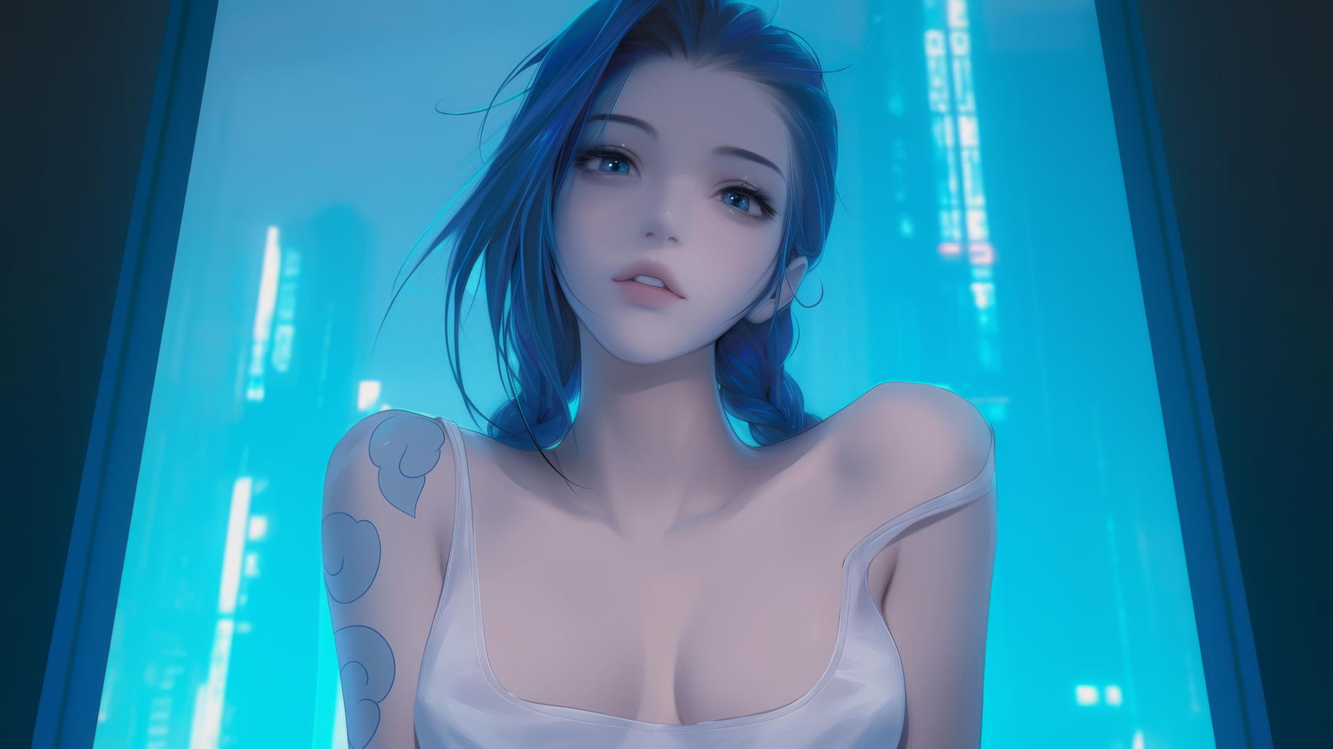 Jinx from League of Legends kneeling and looking down with warm light.