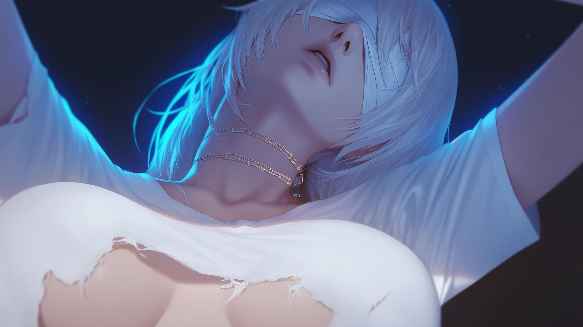2B from Nier, kneeling, leaning forward, seen from below, wearing a broken white t-shirt and a blindfold, with hotel ceiling and neon lights in the background.