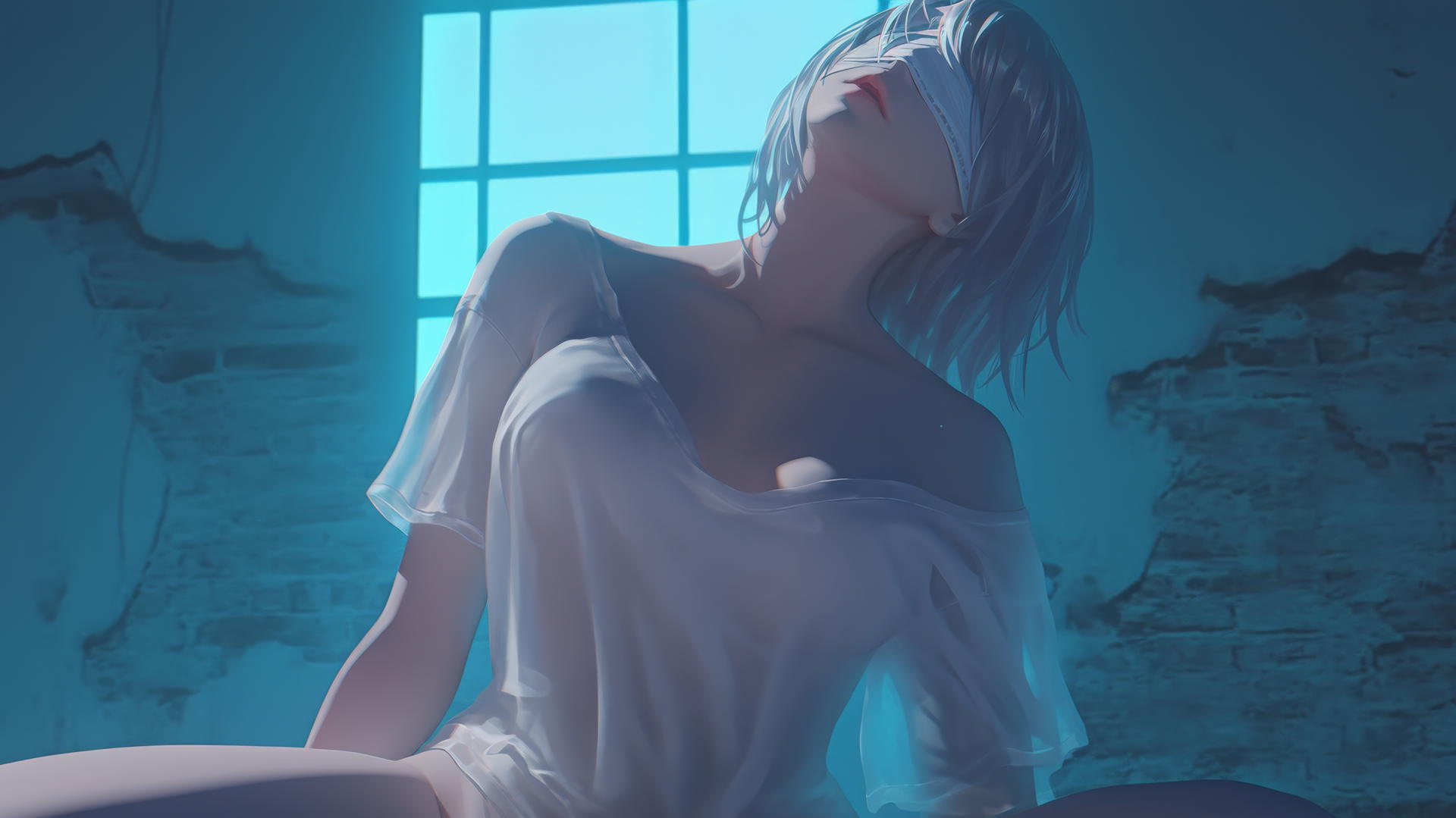 2B from Nier, kneeling and looking down, wearing a broken white T-shirt and blindfold, under a softly glowing hotel ceiling.