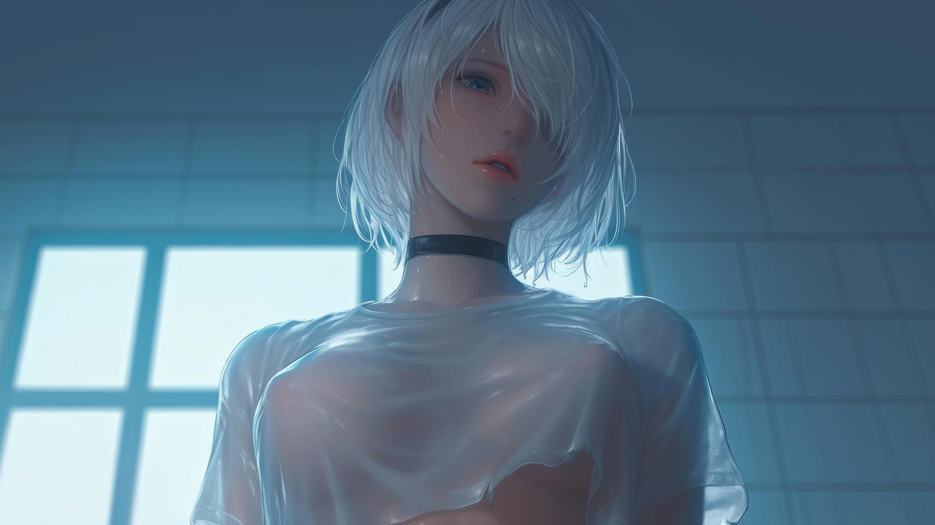 2B from Nier in a broken white t-shirt and blindfold, kneeling under a hotel ceiling with neon lights, looking down.