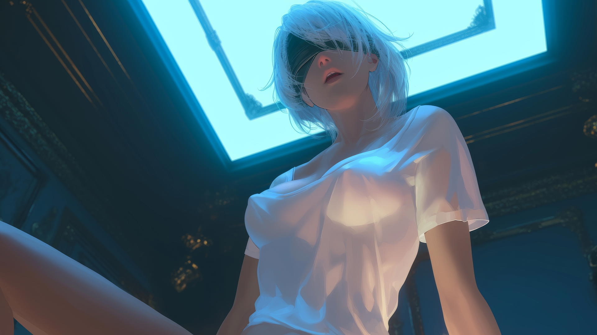 2B from Nier in a white t-shirt, howling, kneeling, looking down with neon-lit ceiling background.