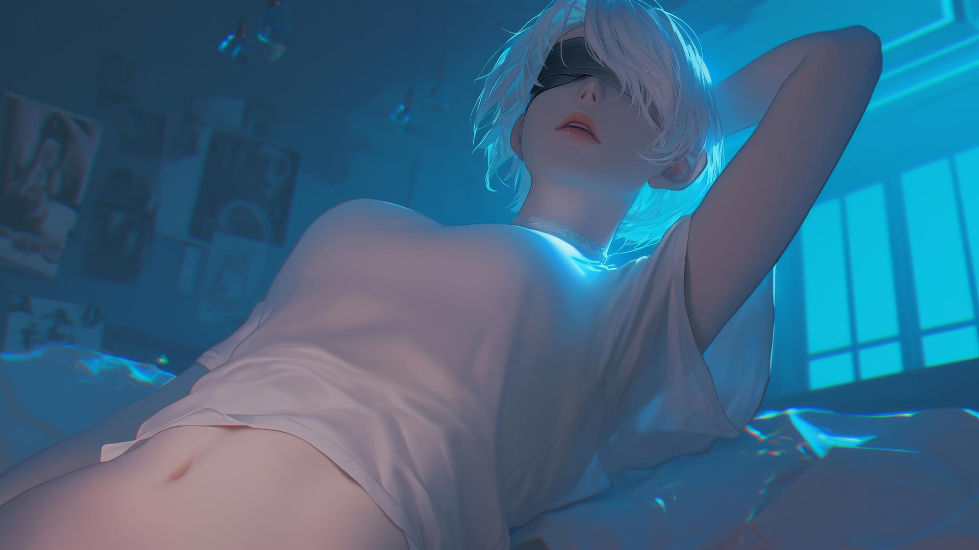 2B from Nier kneeling, wearing a broken white t-shirt and blindfold, under neon-lit hotel ceiling.