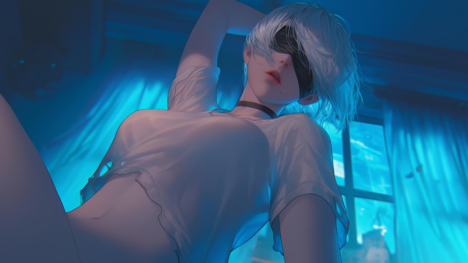 2B from Nier in a broken white t-shirt and blindfold, howling under neon-lit hotel ceiling.