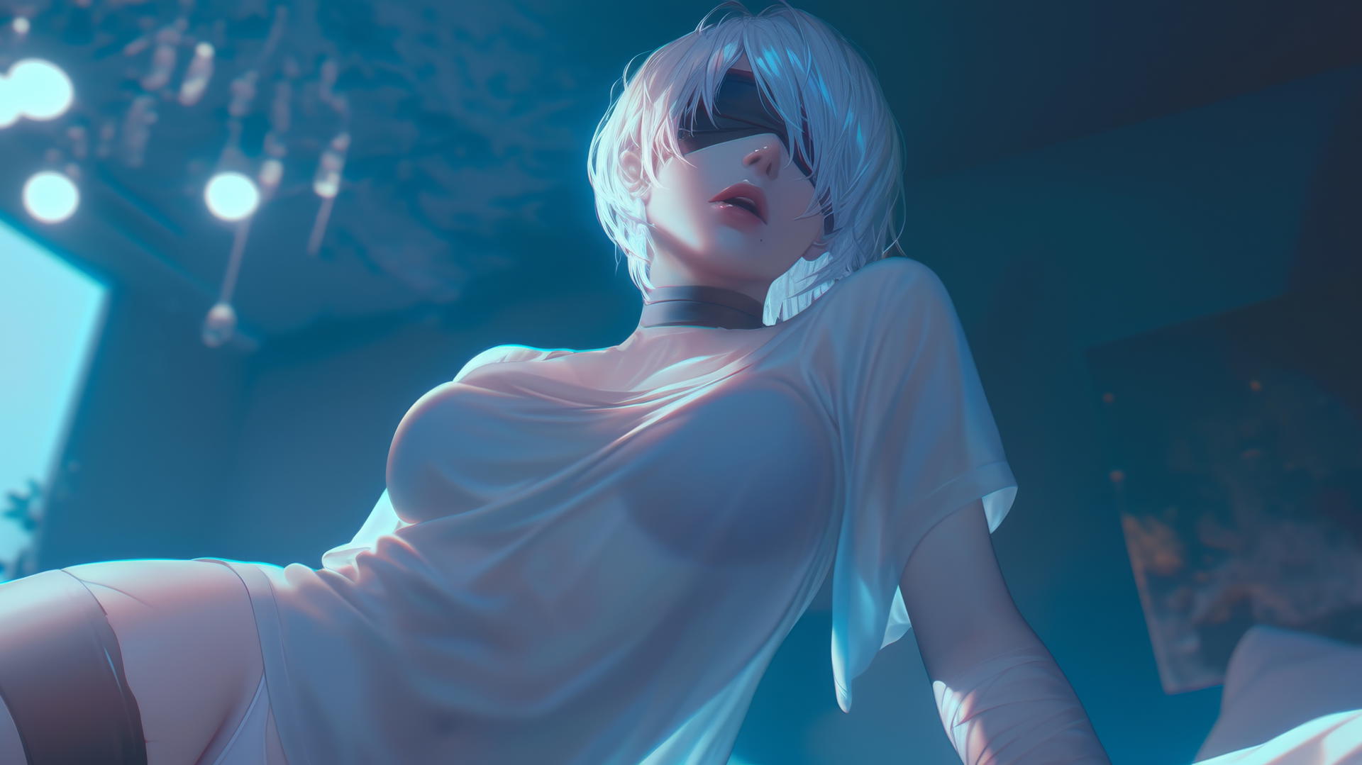 2B from Nier in a broken white t-shirt, blindfolded, kneeling, under hotel ceiling with neon lights.