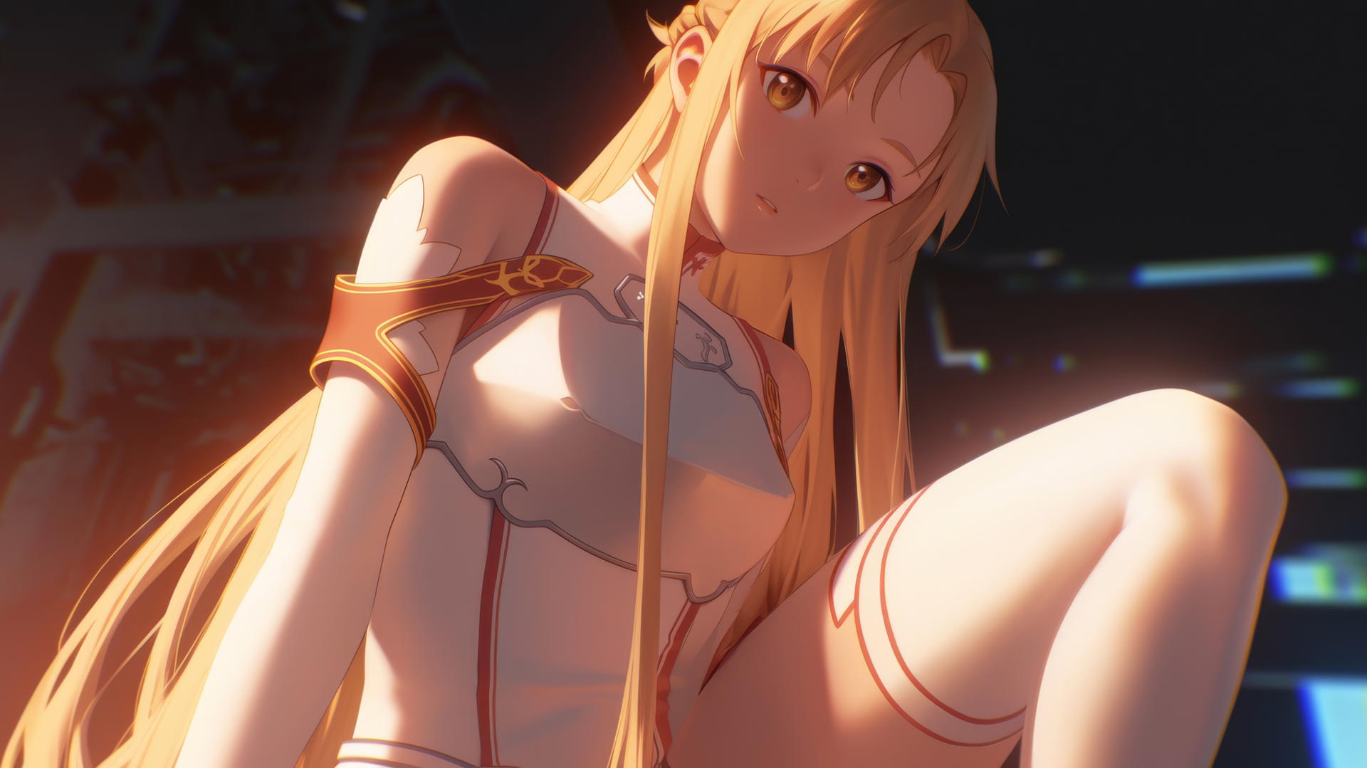 Asuna from Sword Art Online kneeling, seen from below with hotel ceiling and neon lights.