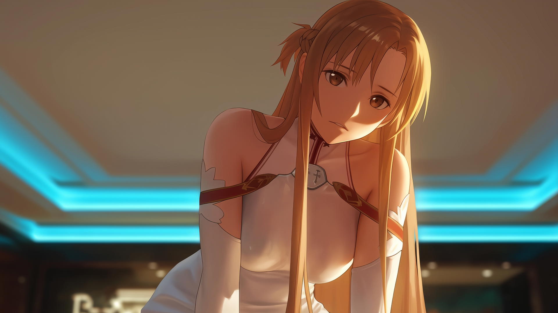 Asuna from Sword Art Online kneeling with neon-lit hotel ceiling behind her, gazing downward.