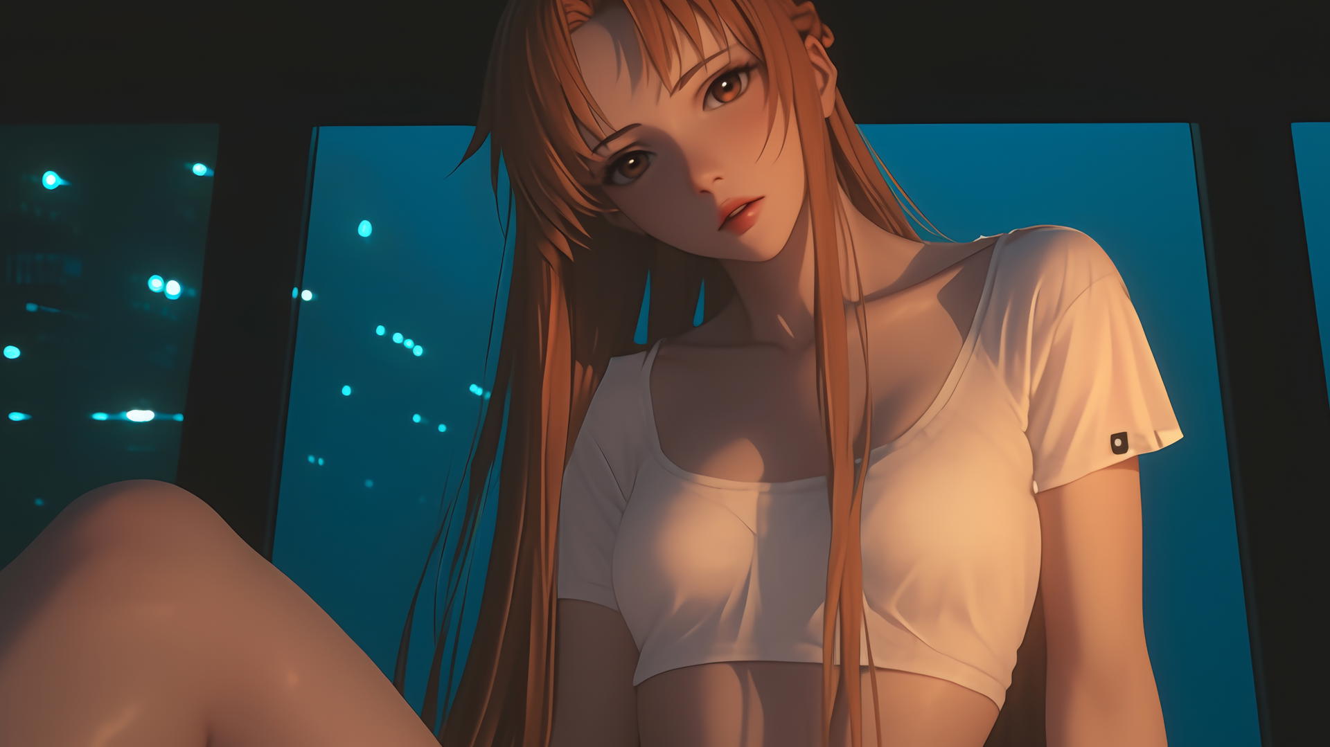 Asuna from Sword Art Online with long strawberry blond hair and hazel eyes, wearing white t-shirt, kneeling and leaning forward under neon-lit hotel ceiling.