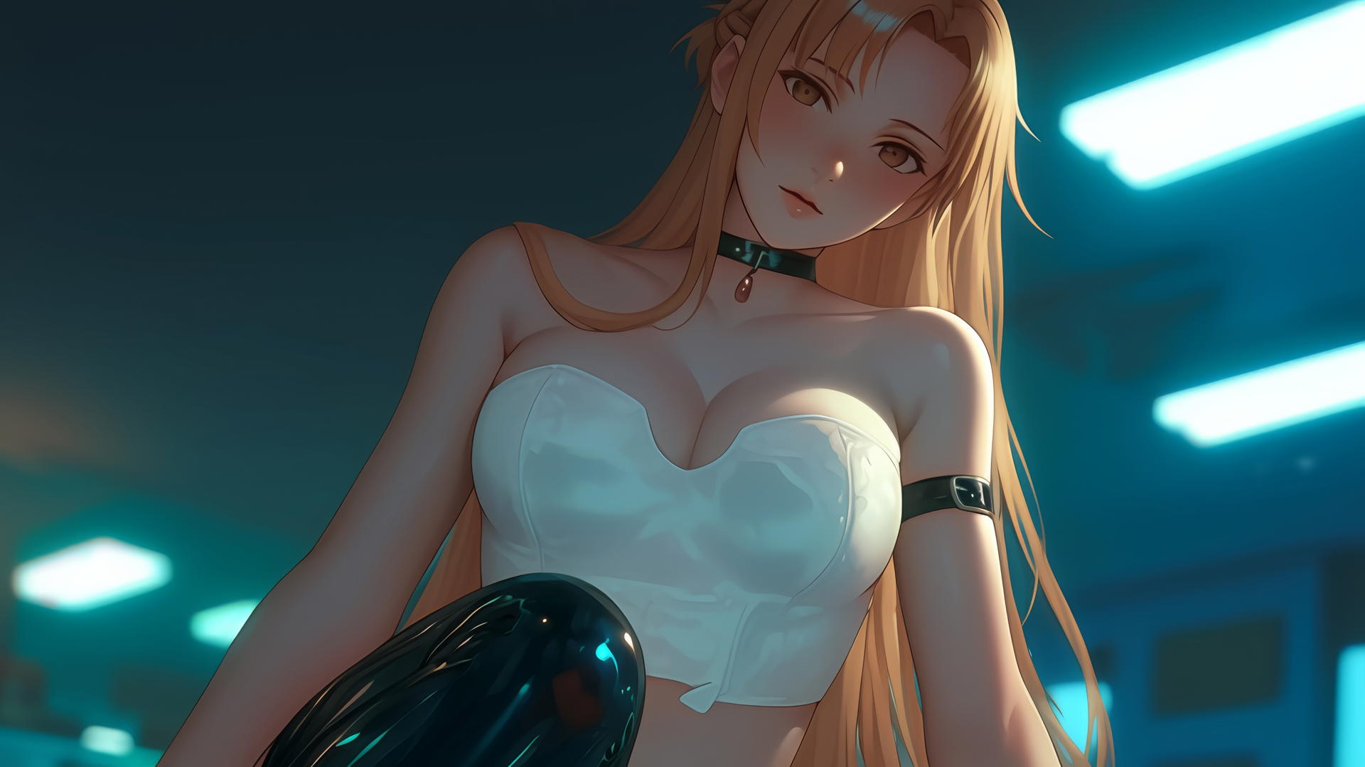 Asuna from Sword Art Online, leaning and kneeling, with neon-lit hotel ceiling
