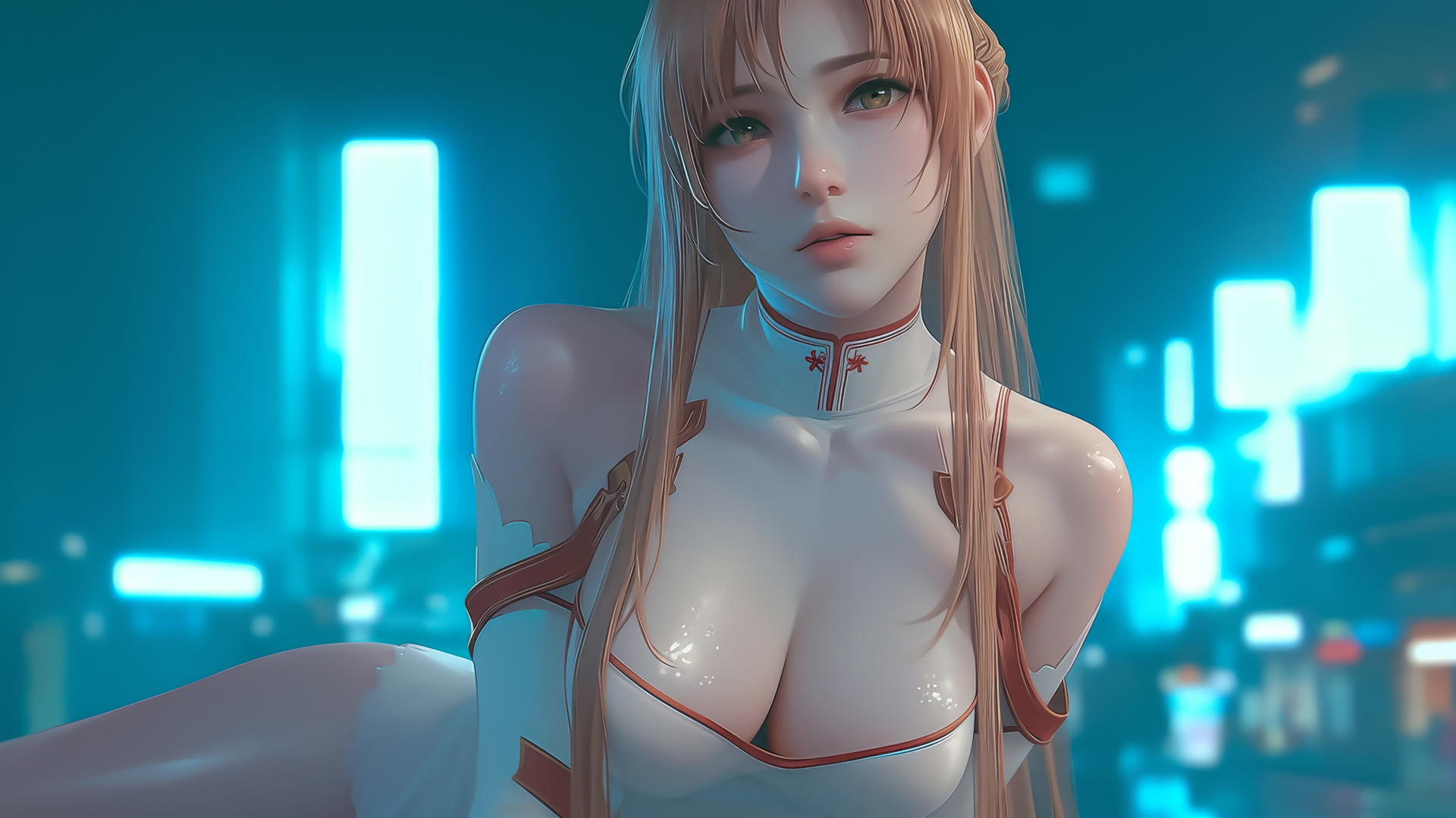 Asuna from Sword Art Online kneeling and looking down with a hotel ceiling background.