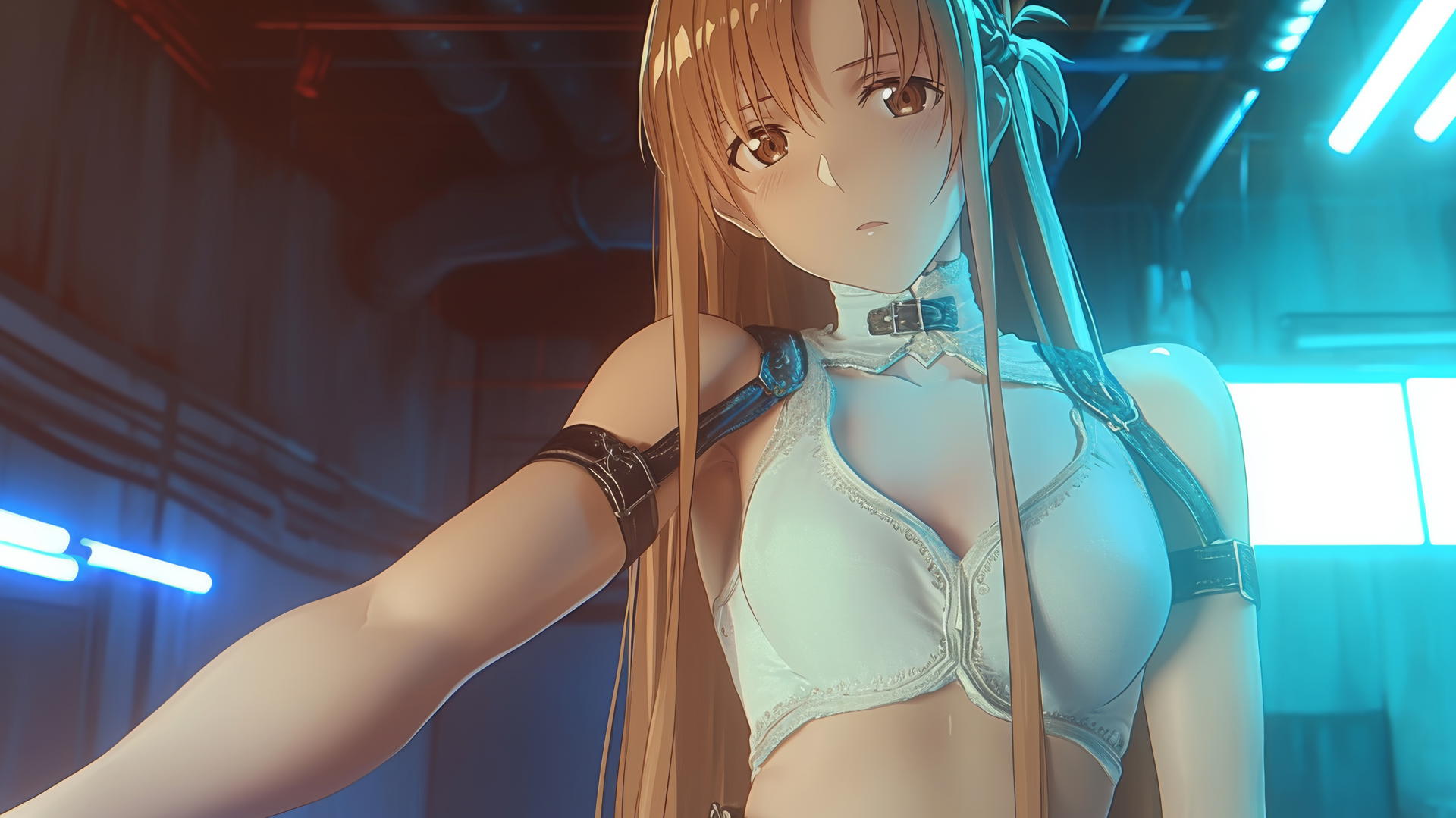 Asuna from Sword Art Online kneeling and looking down with neon-lit hotel ceiling behind her.