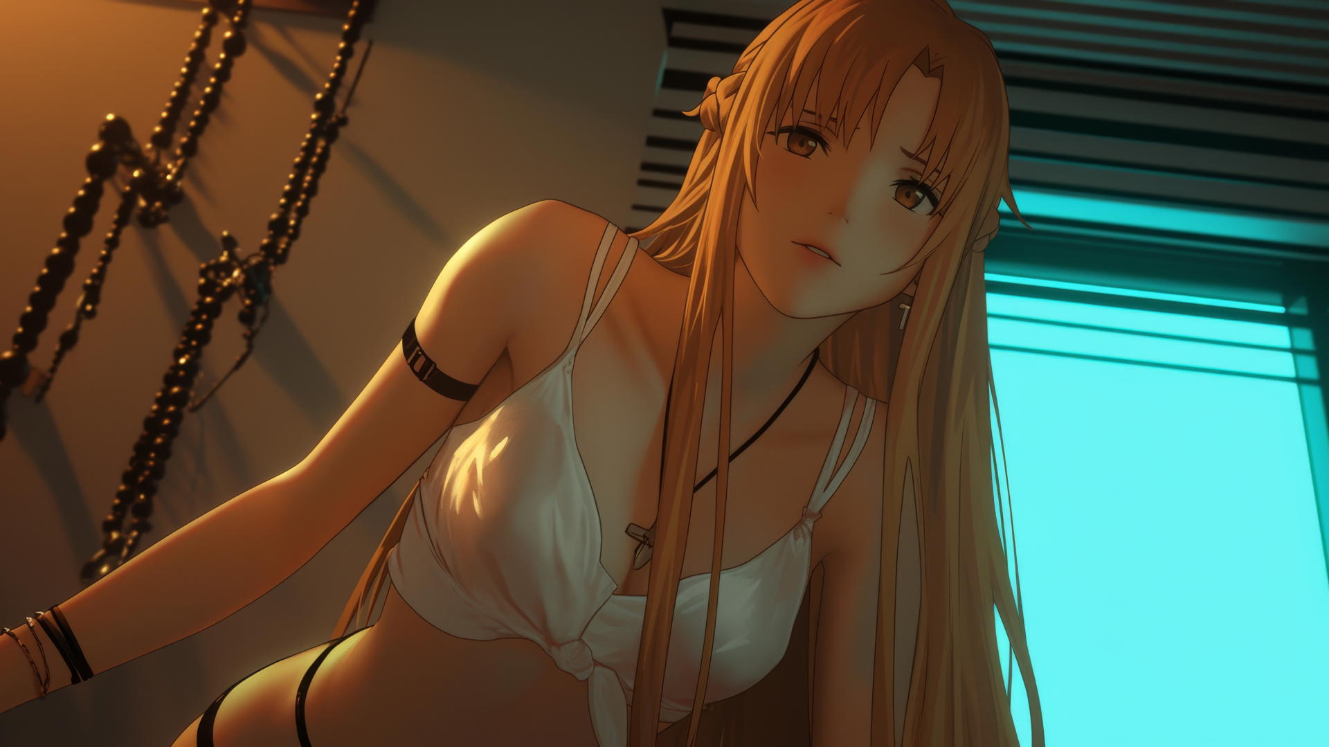 Asuna from Sword Art Online kneeling, looking down with hotel ceiling and neon lights in background.