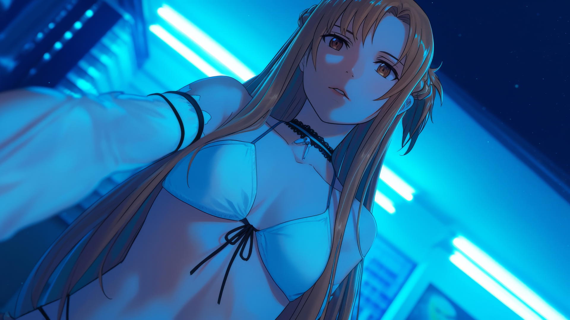 Asuna from Sword Art Online seen from below, kneeling and looking down, hotel ceiling background.
