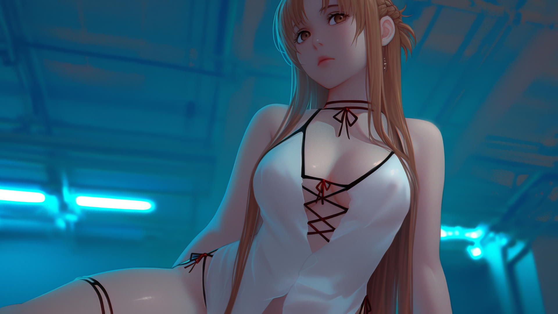 Asuna from Sword Art Online kneels, looks down under glowing hotel ceiling