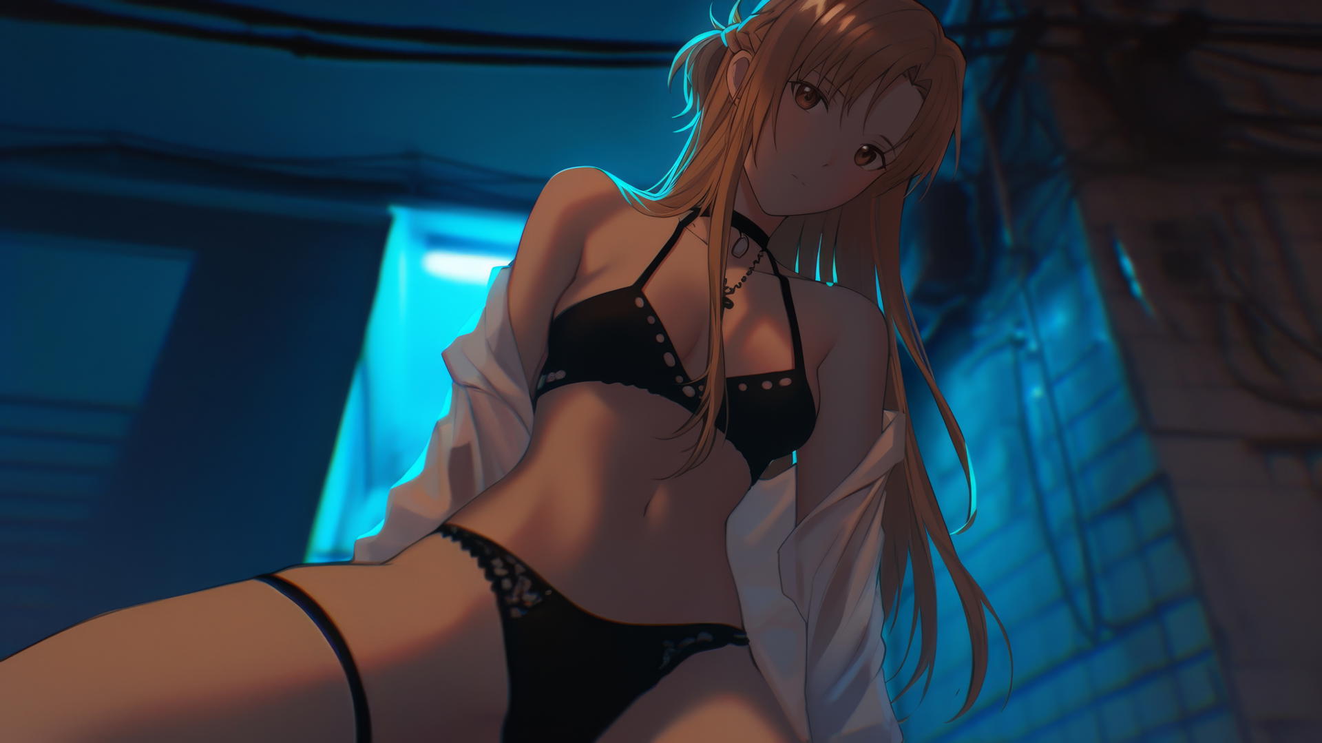 Asuna from Sword Art Online leaning and kneeling, viewed from below with hotel ceiling and neon light glow.