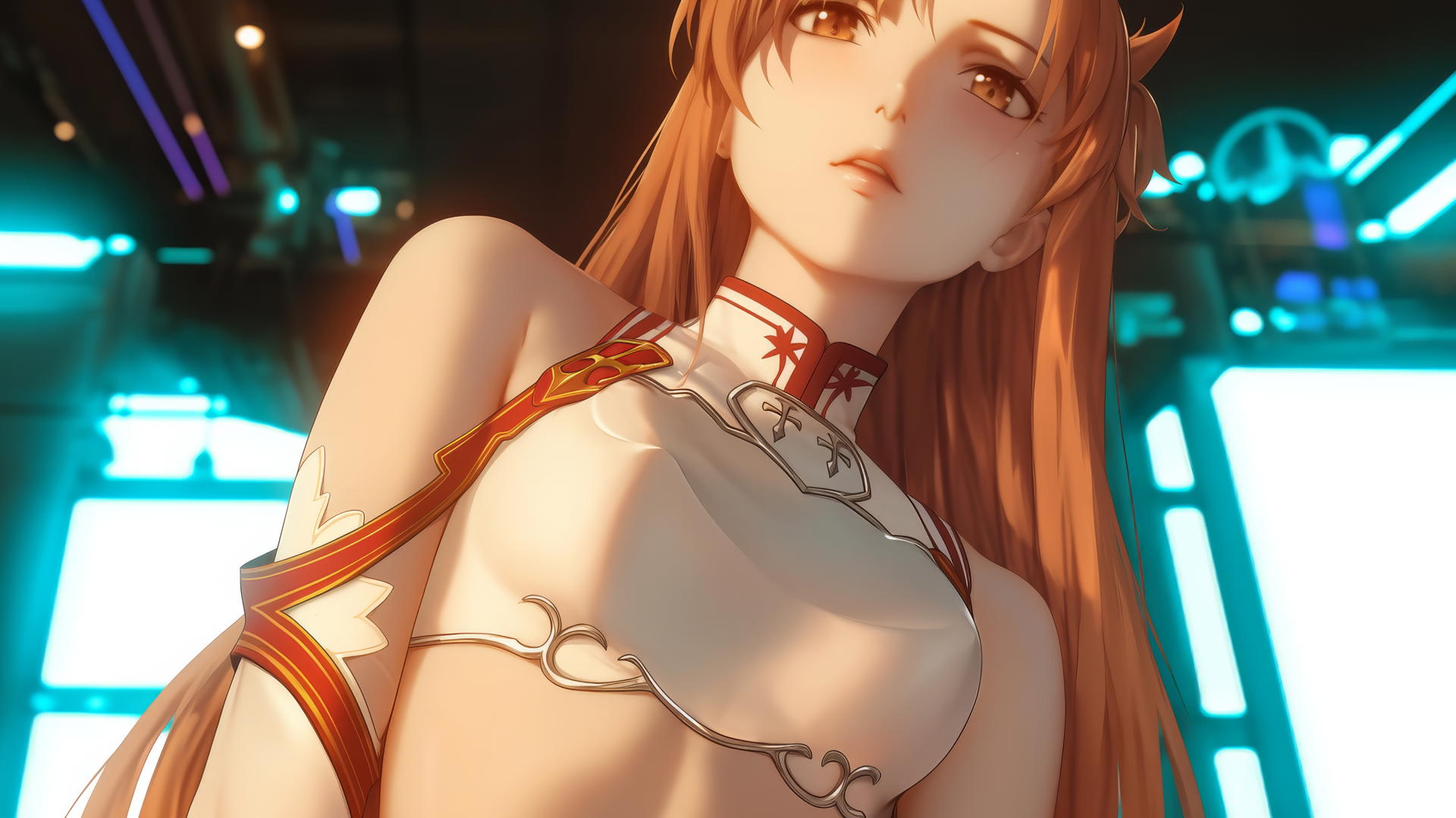 Asuna from Sword Art Online kneeling, looking down with neon-lit hotel ceiling behind her.