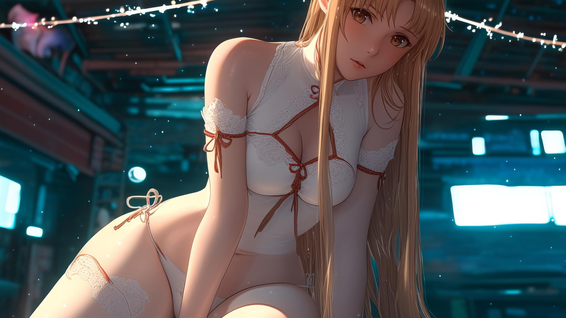 Asuna from Sword Art Online kneeling and leaning toward viewer, with hotel ceiling and neon lights in background
