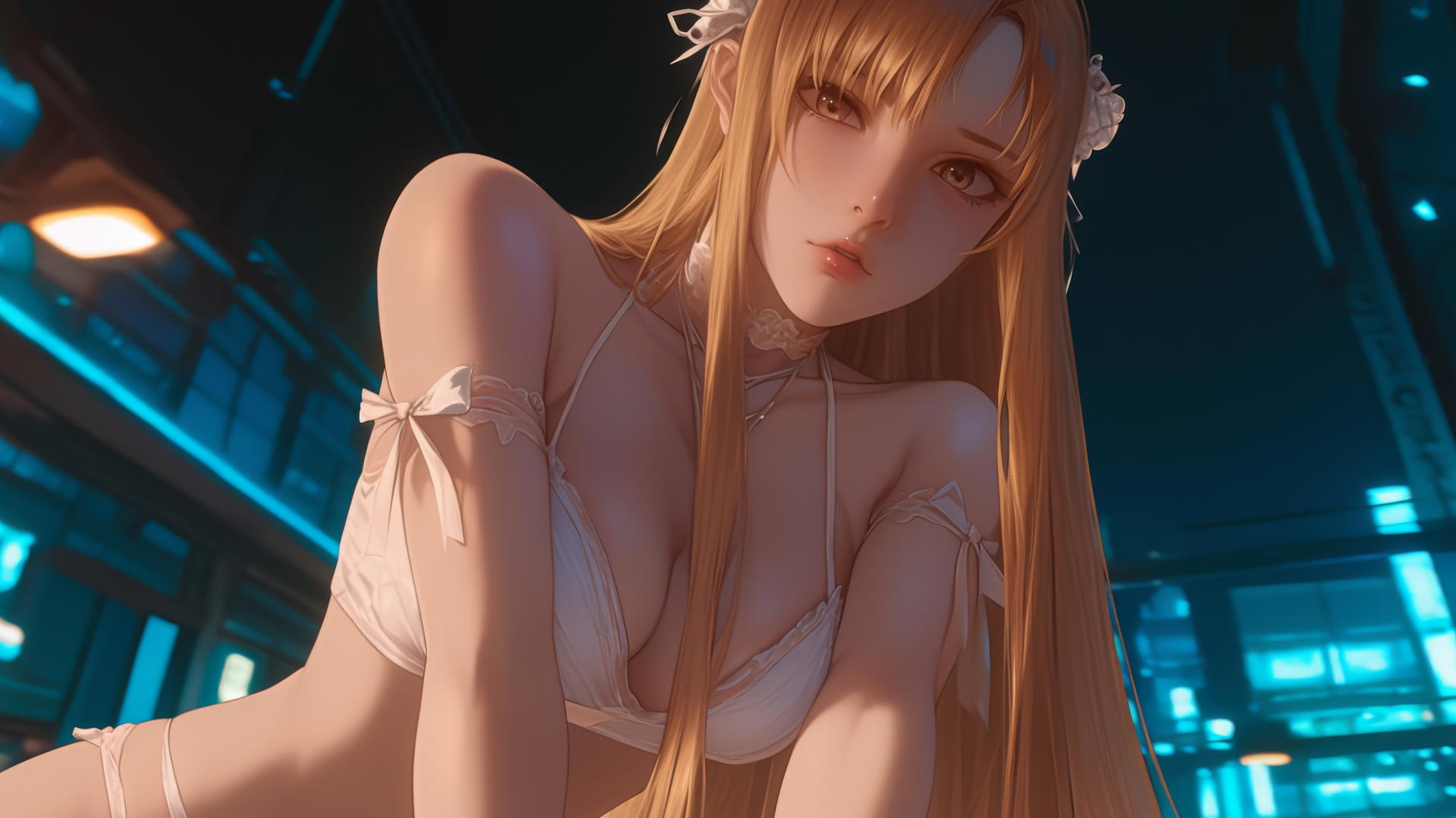 Asuna from Sword Art Online kneeling and leaning with hotel ceiling in background