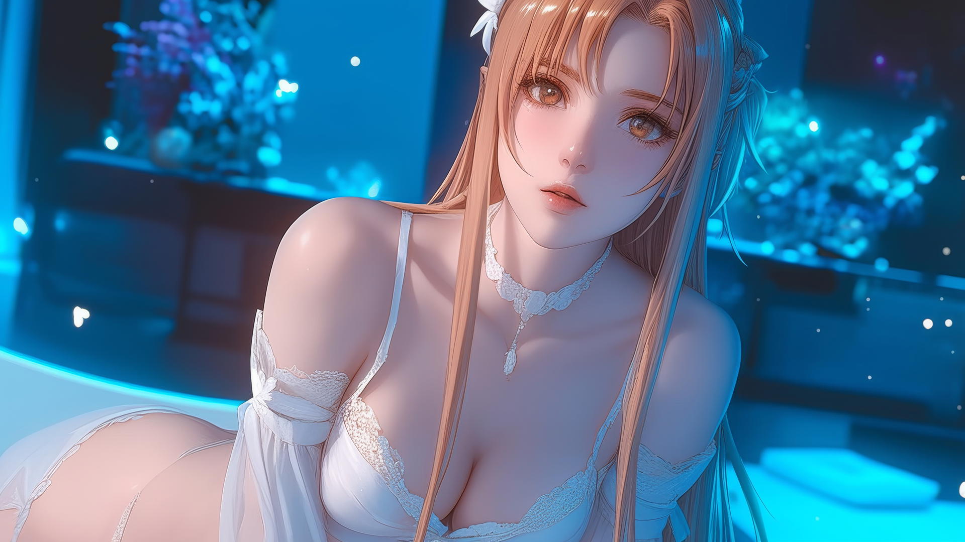 Asuna from Sword Art Online kneeling and looking up with soft neon light glow in a hotel room.