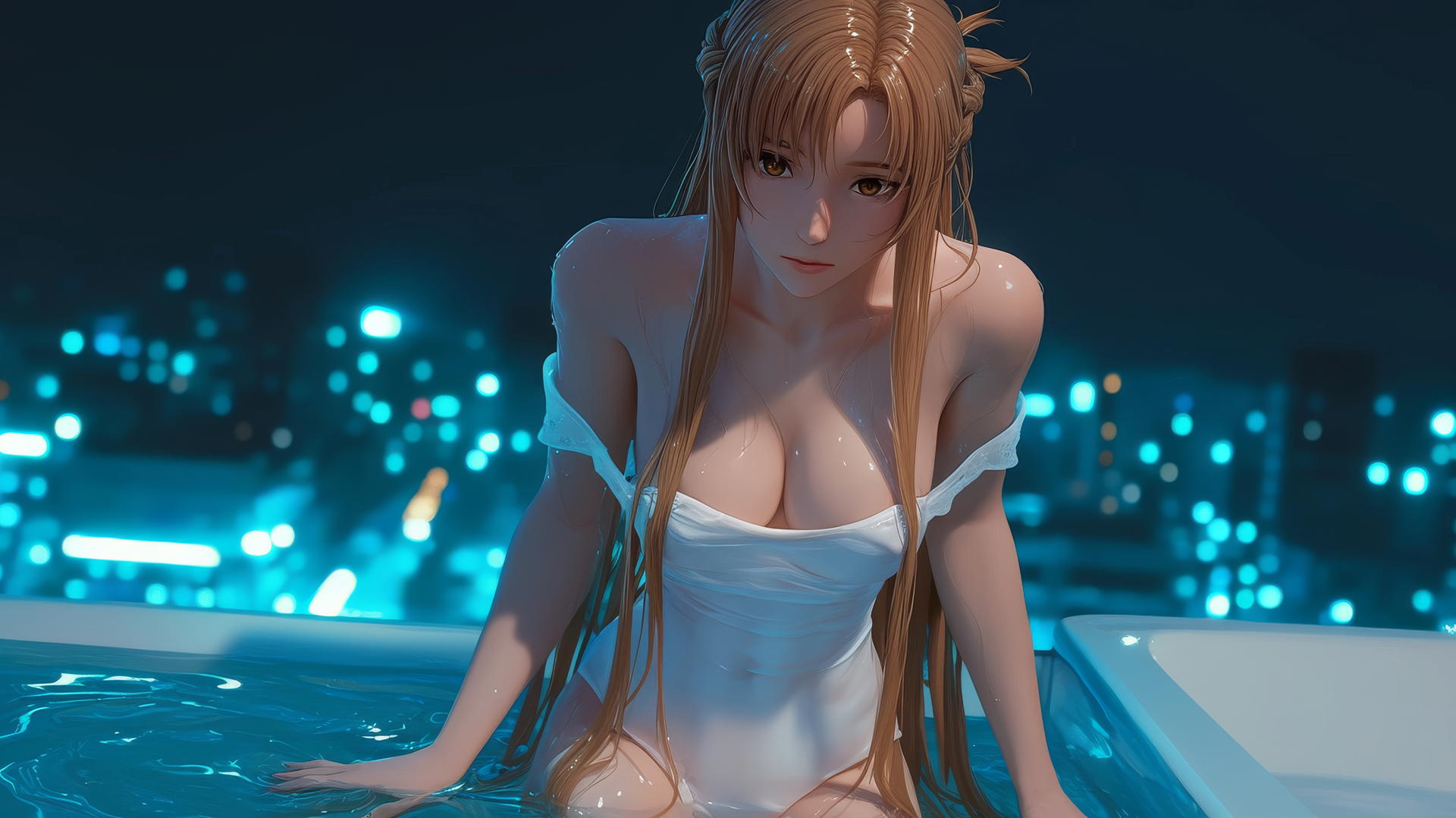 Asuna from Sword Art Online kneeling and looking up in neon-lit hotel room
