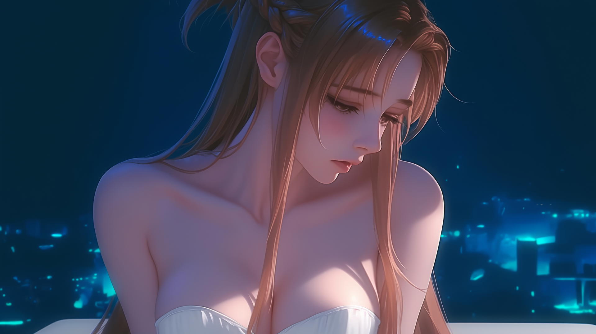 Asuna from Sword Art Online kneeling and gazing upwards in a neon-lit modern hotel room.