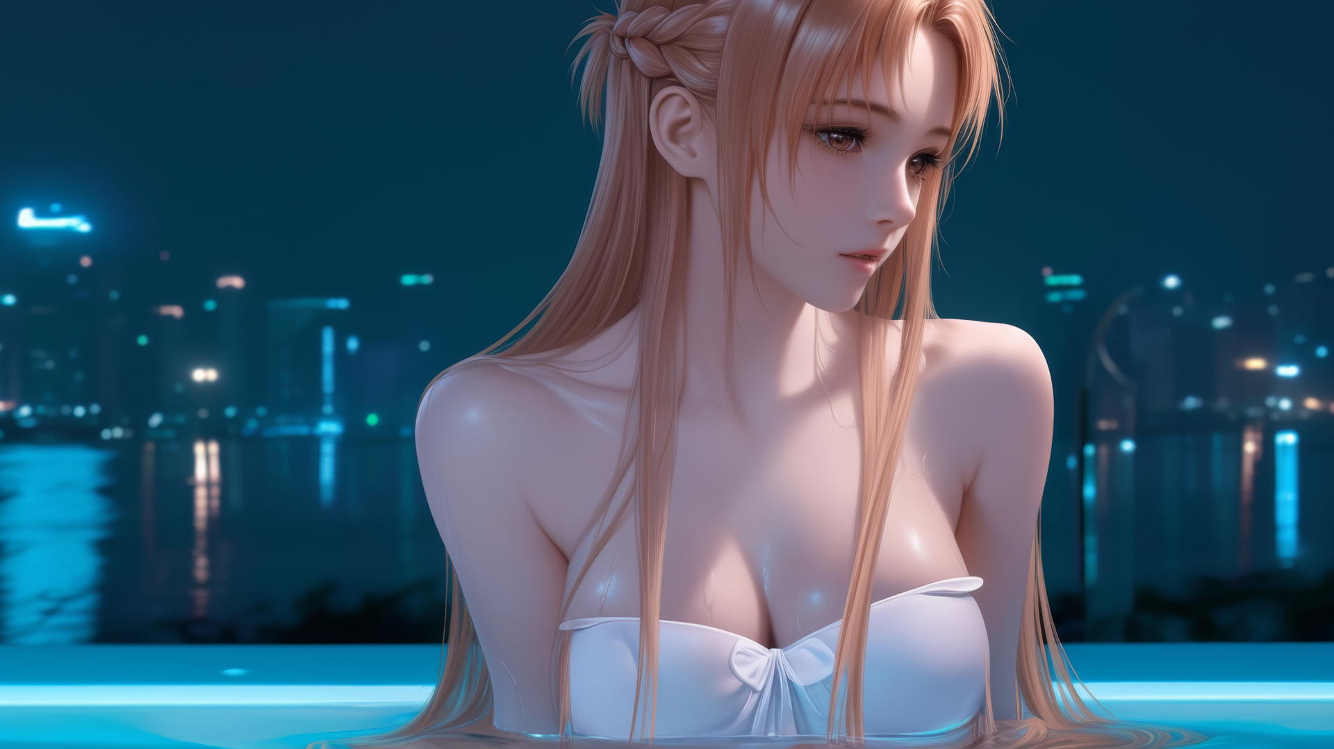 Asuna from Sword Art Online in a modern hotel room with neon light glow.