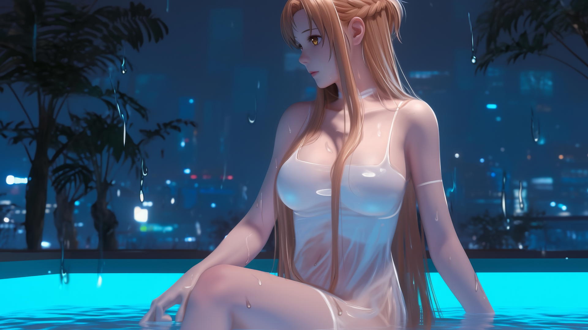 Asuna in a modern hotel room with neon lighting, strawberry blond hair, and hazel eyes.